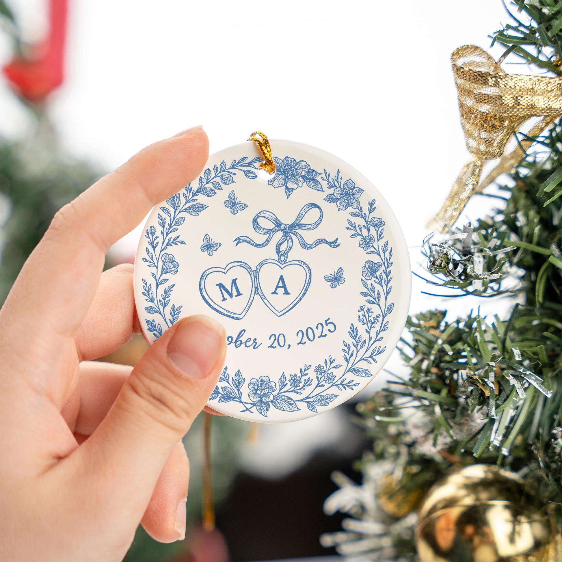 Custom Chinoiserie Wedding Ornament - Personalized Blue and White Ceramic Keepsake, Couple Monogram Gift, Elegant Bridal Decor