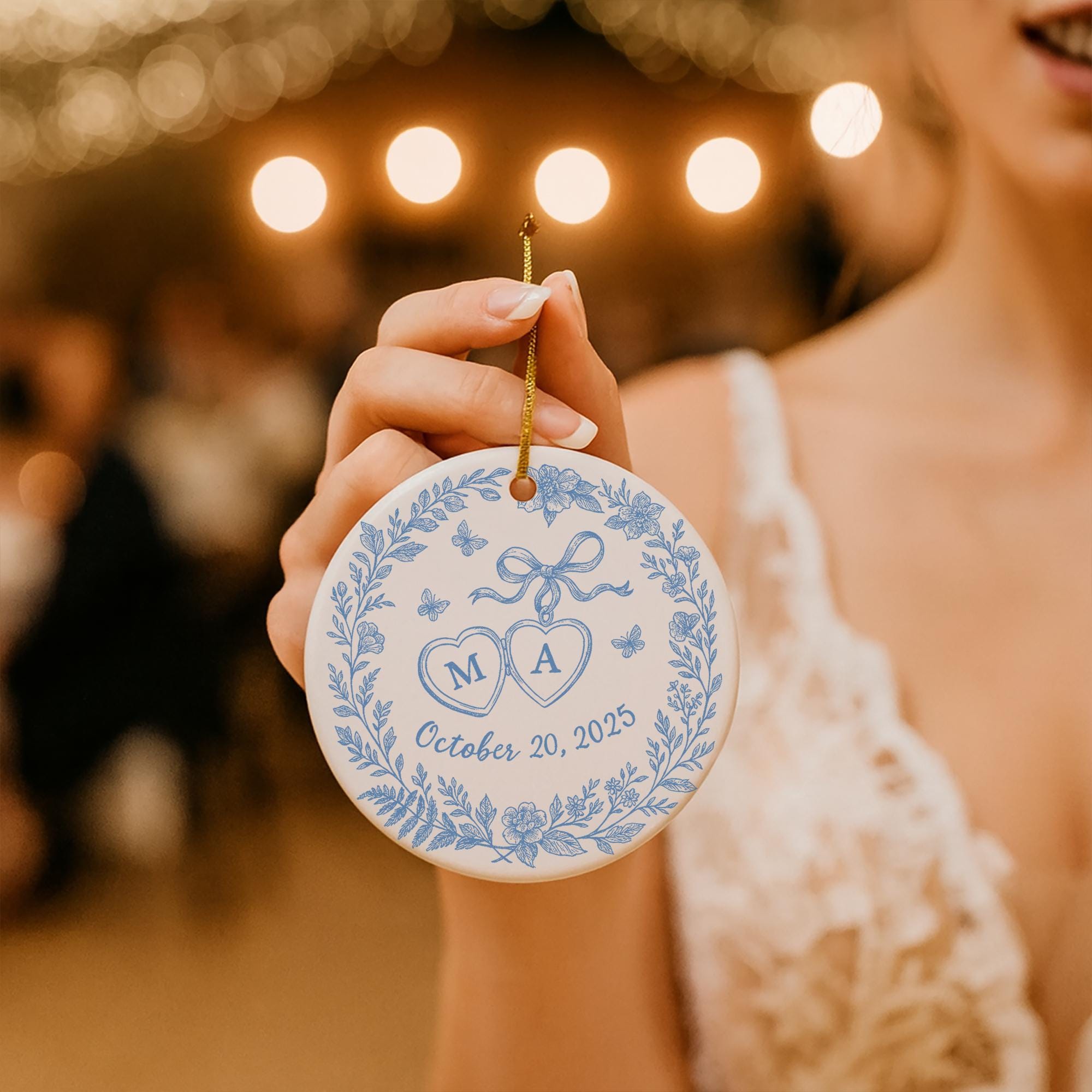 Custom Chinoiserie Wedding Ornament - Personalized Blue and White Ceramic Keepsake, Couple Monogram Gift, Elegant Bridal Decor