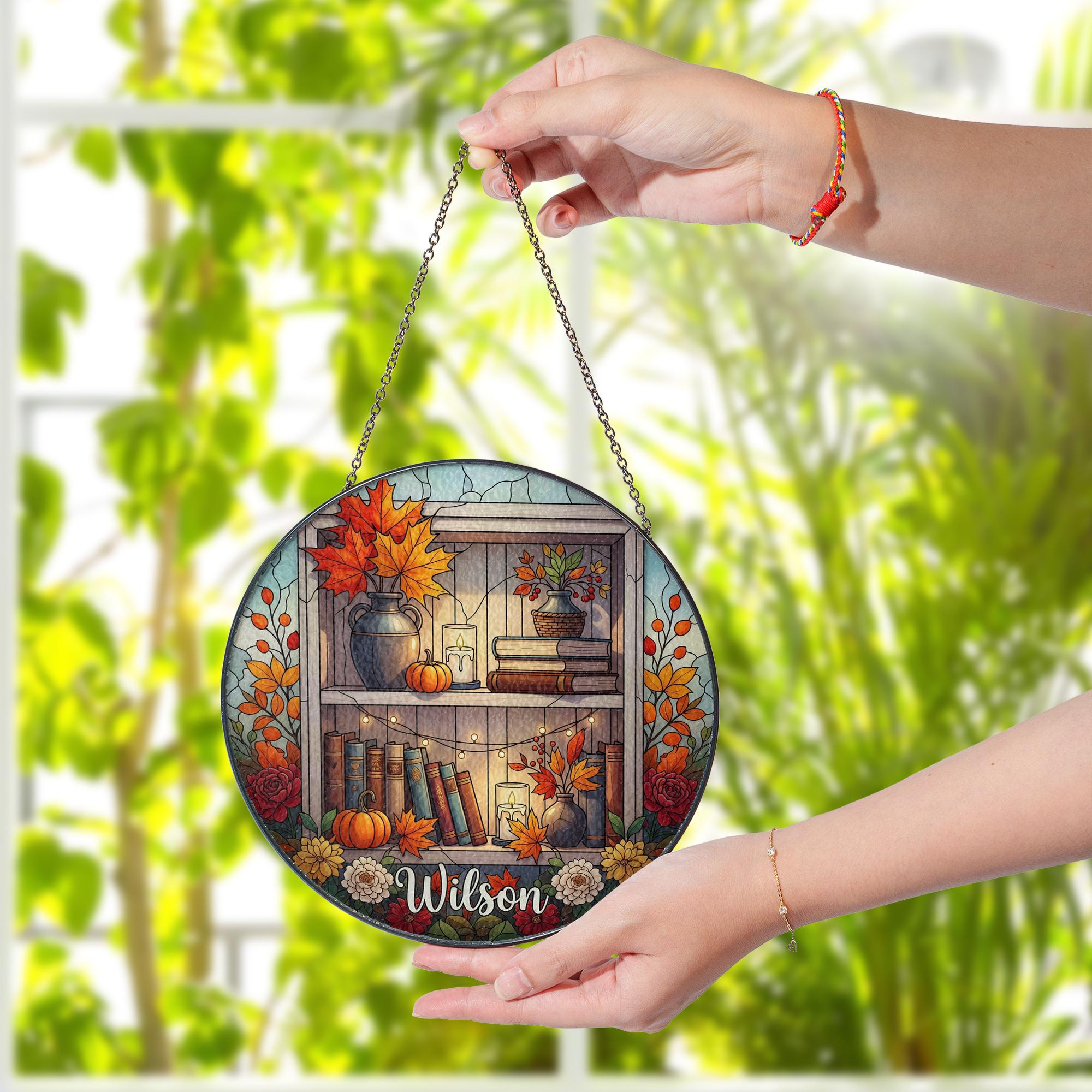 Custom Bookshelf Suncatcher | Faux Stained Glass Fall Decor | Personalized Book Lover Gift | Autumn Pumpkin Floral Window Hanging