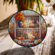 Custom Bookshelf Suncatcher | Faux Stained Glass Fall Decor | Personalized Book Lover Gift | Autumn Pumpkin Floral Window Hanging