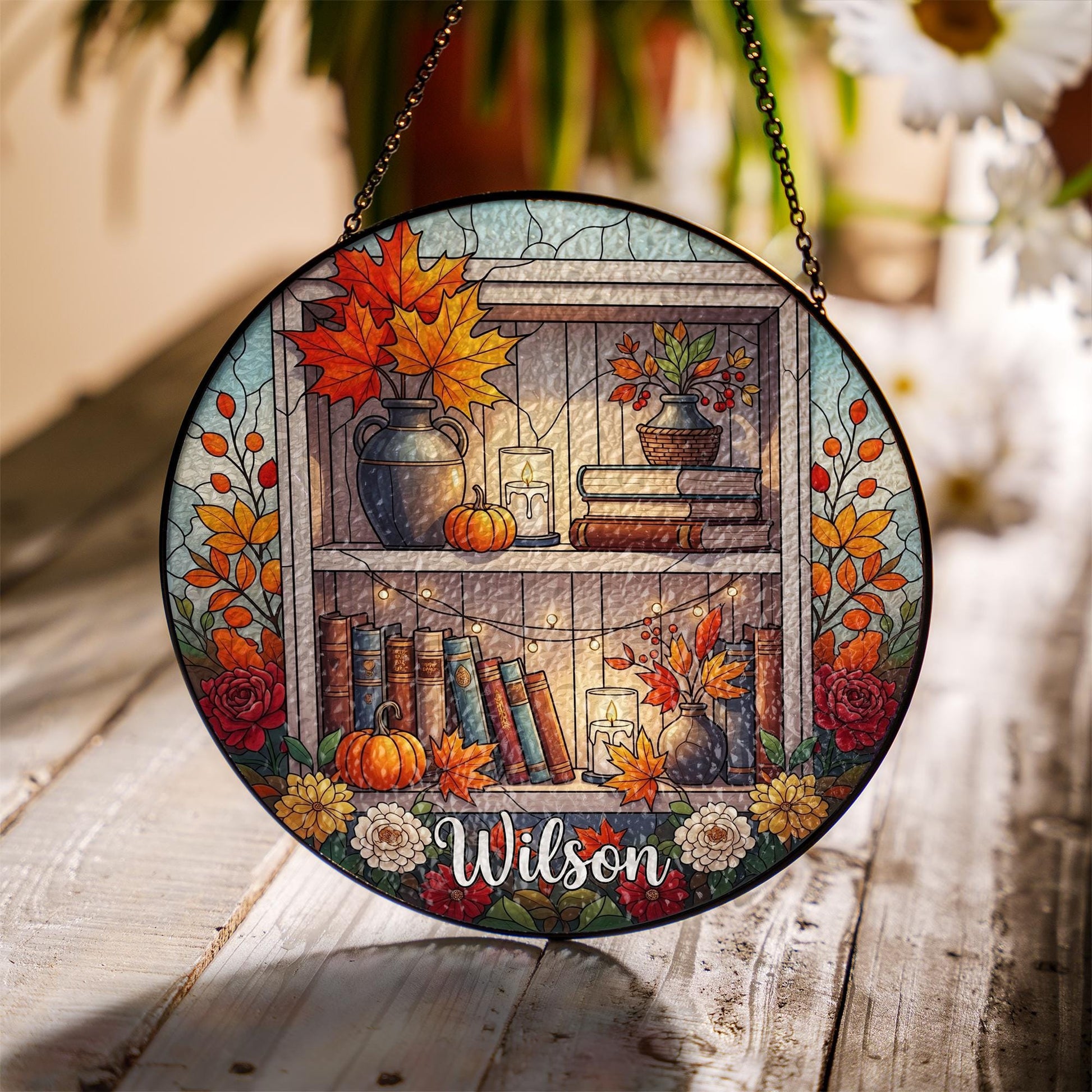 Custom Bookshelf Suncatcher | Faux Stained Glass Fall Decor | Personalized Book Lover Gift | Autumn Pumpkin Floral Window Hanging