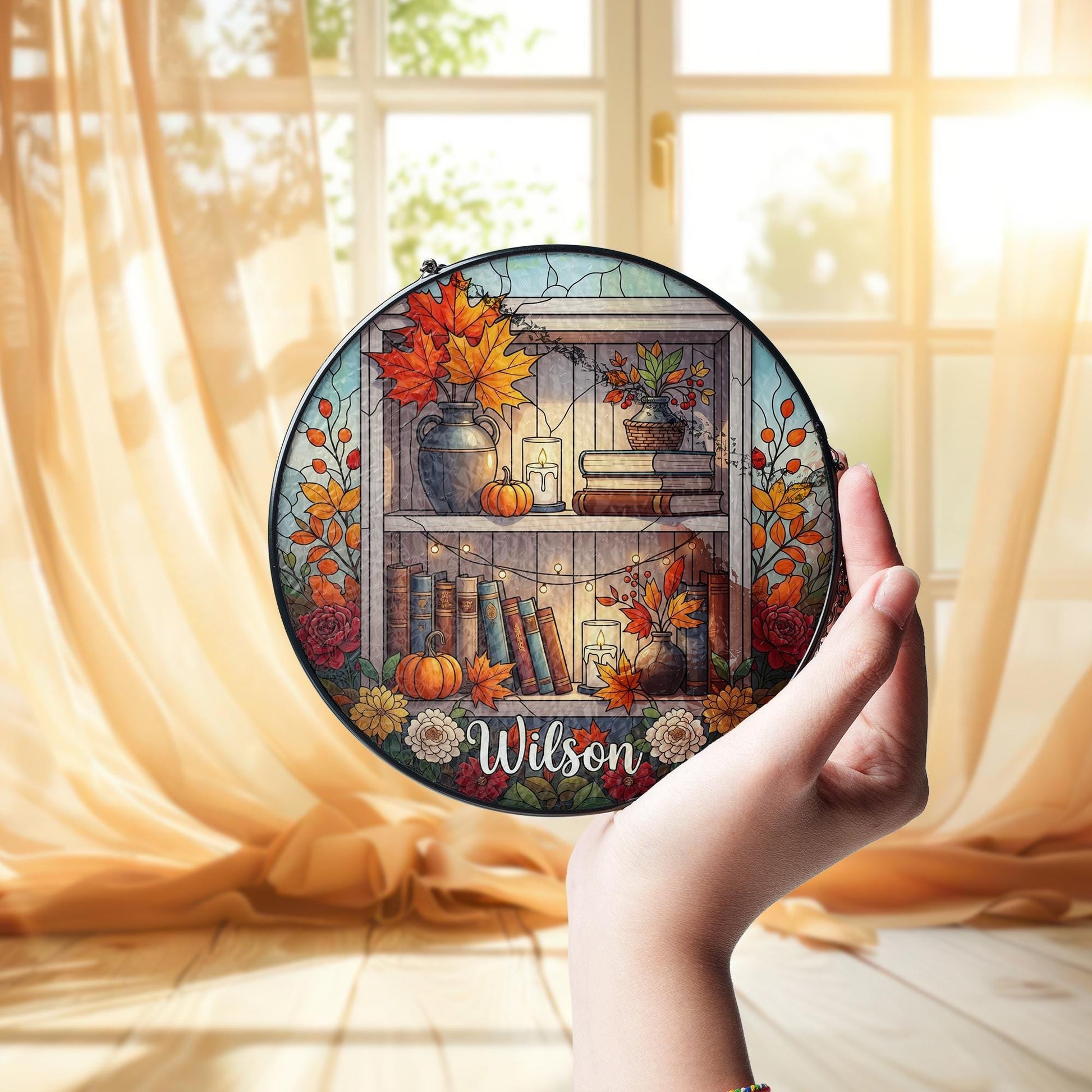 Custom Bookshelf Suncatcher | Faux Stained Glass Fall Decor | Personalized Book Lover Gift | Autumn Pumpkin Floral Window Hanging