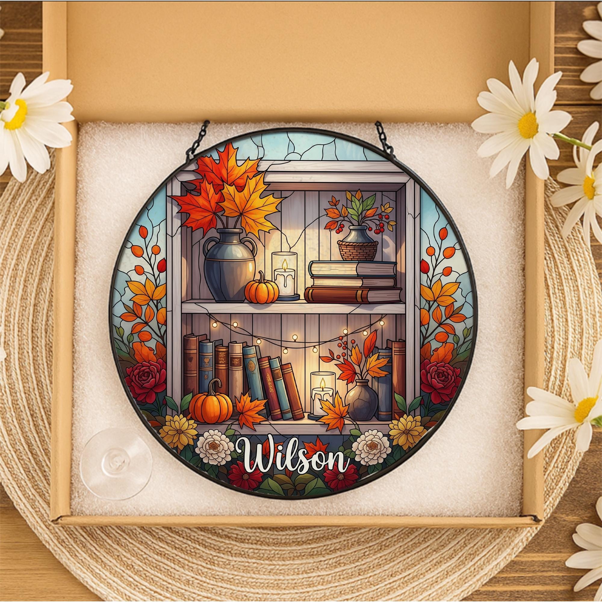 Custom Bookshelf Suncatcher | Faux Stained Glass Fall Decor | Personalized Book Lover Gift | Autumn Pumpkin Floral Window Hanging