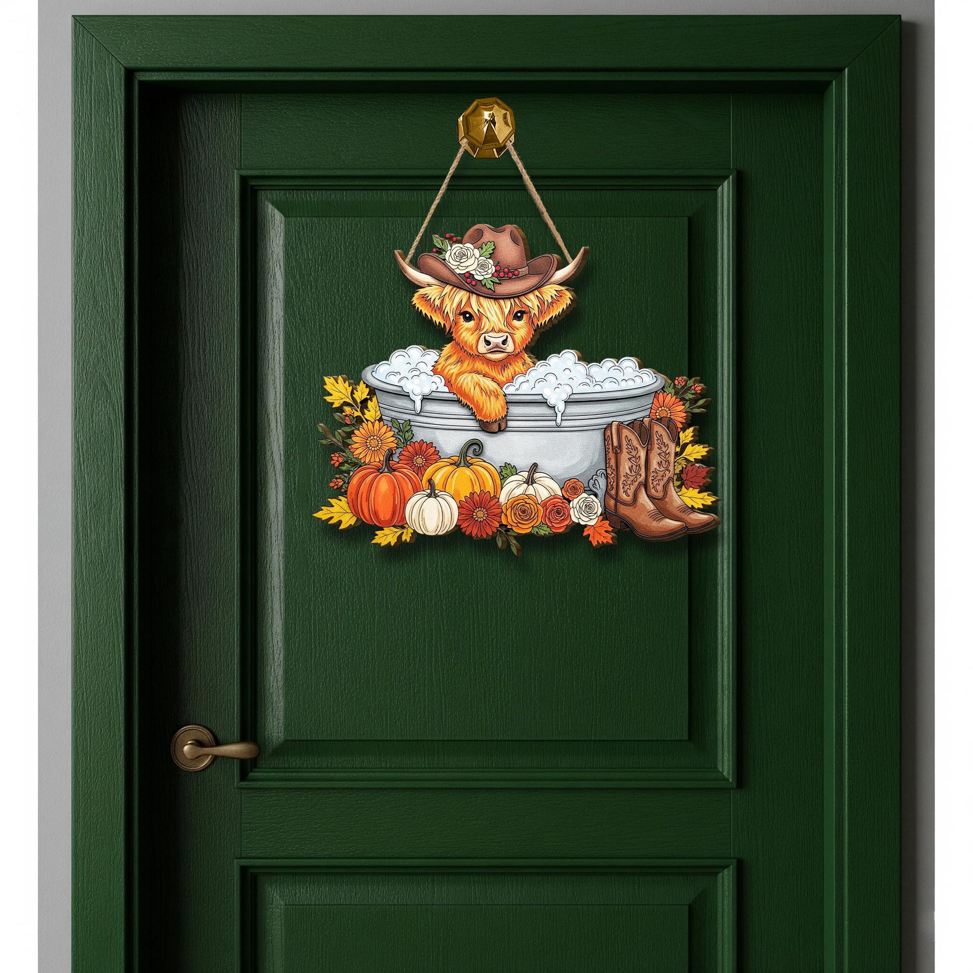 Cow Door Hanger with Cowboy Hat: Rustic Farmhouse Wood Sign