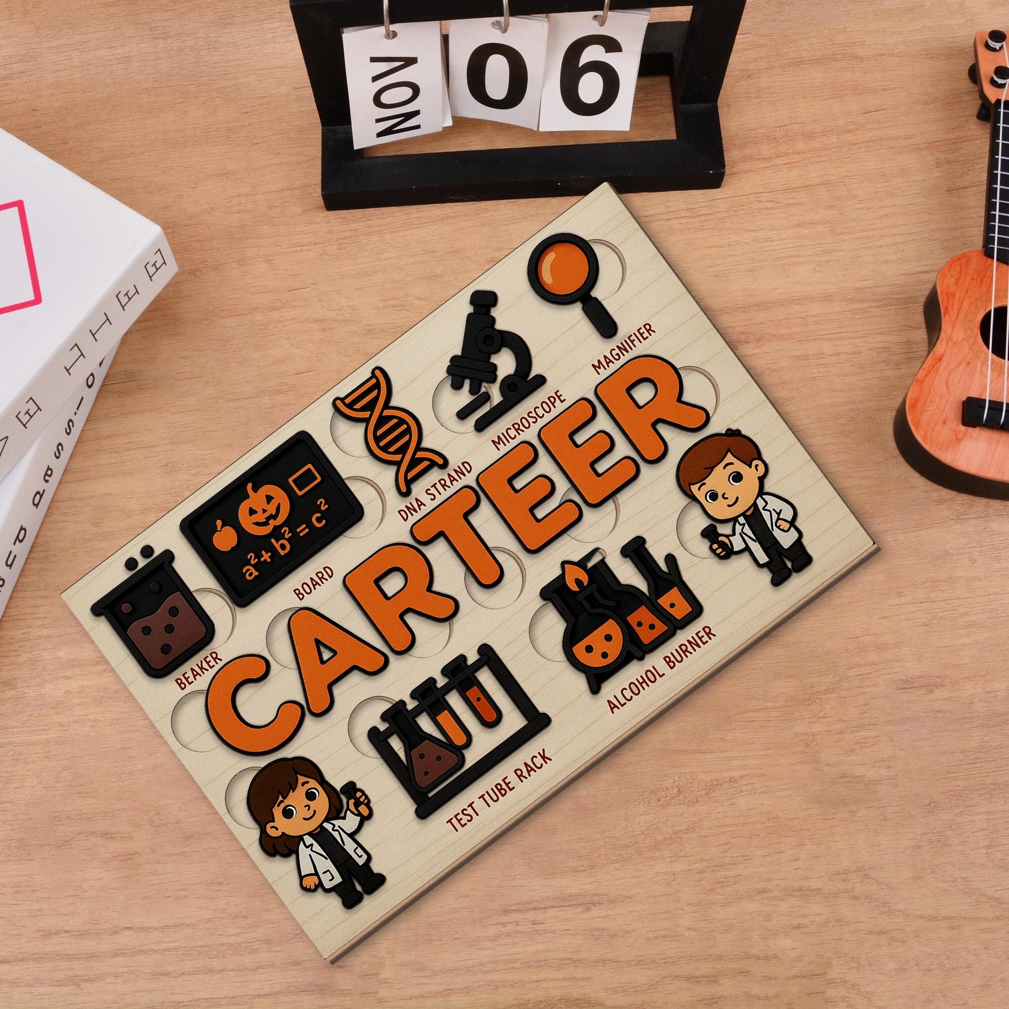 Personalized Science Wooden Puzzle, Custom Name Toddler Puzzle Toy, Montessori Educational Gift, STEM Learning Lab Puzzle for Kids