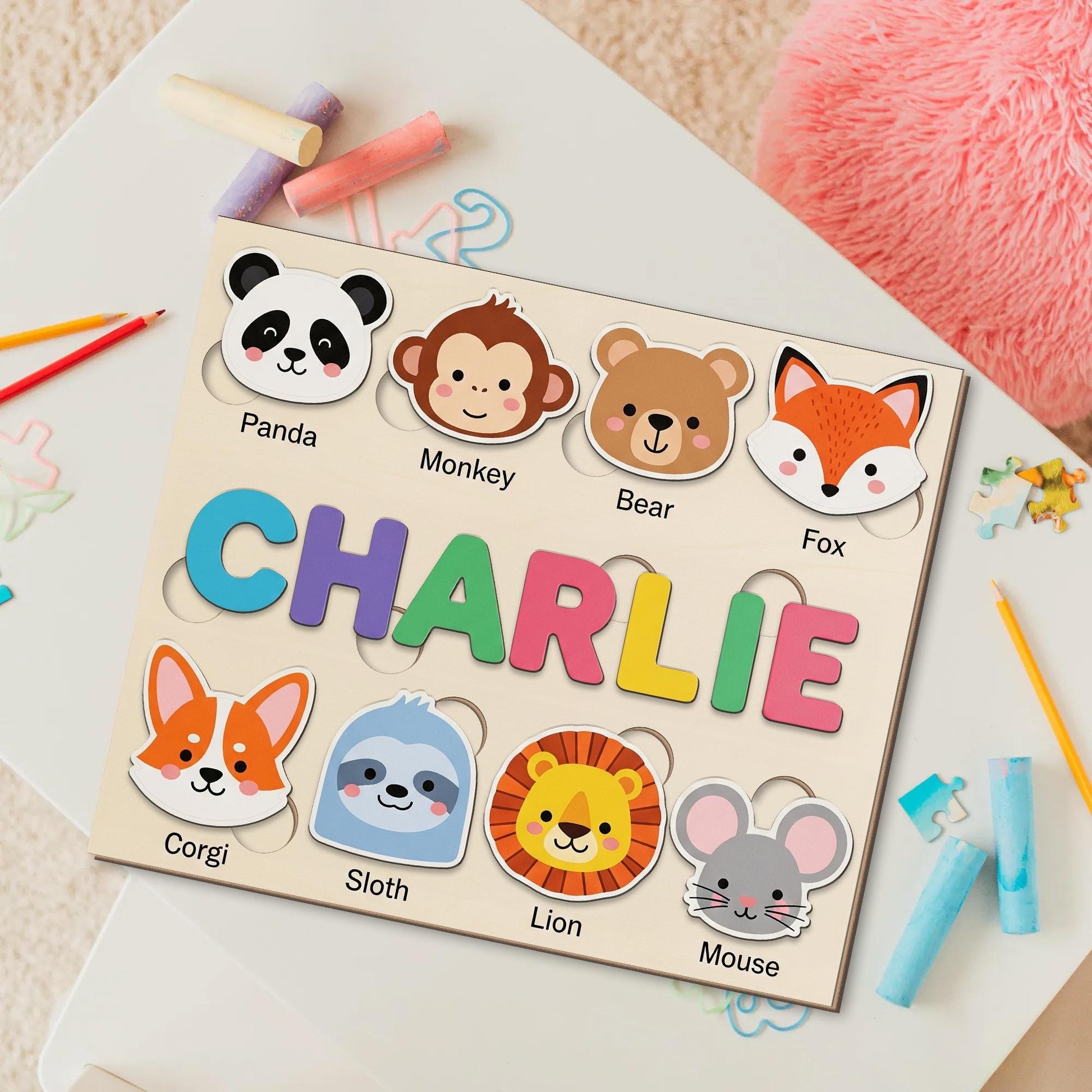 Personalized Animal Wooden Puzzle, Custom Name Toddler Puzzle Toy, Montessori Educational Gift, Baby Learning Puzzle with Animals