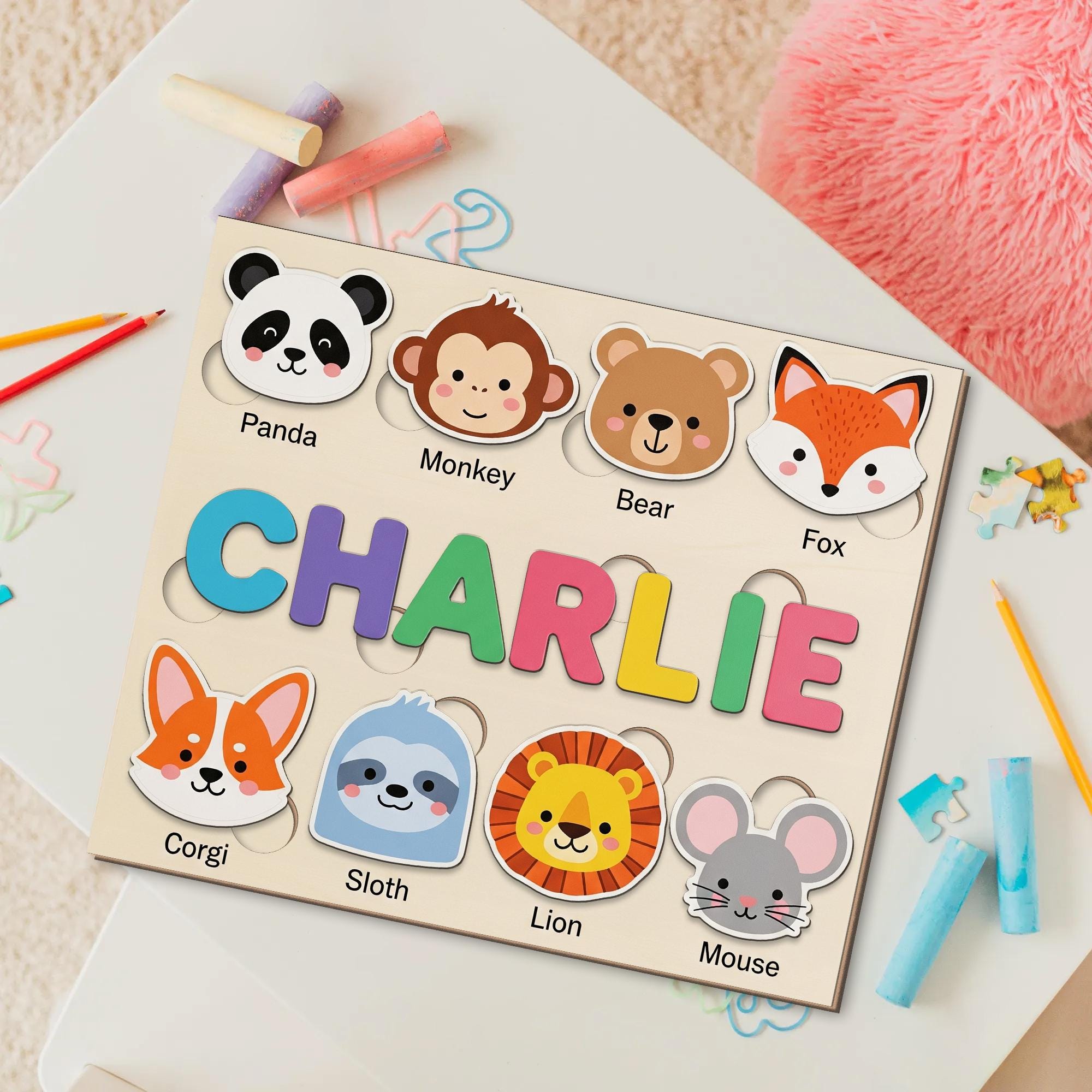 Personalized Animal Wooden Puzzle, Custom Name Toddler Puzzle Toy, Montessori Educational Gift, Baby Learning Puzzle with Animals