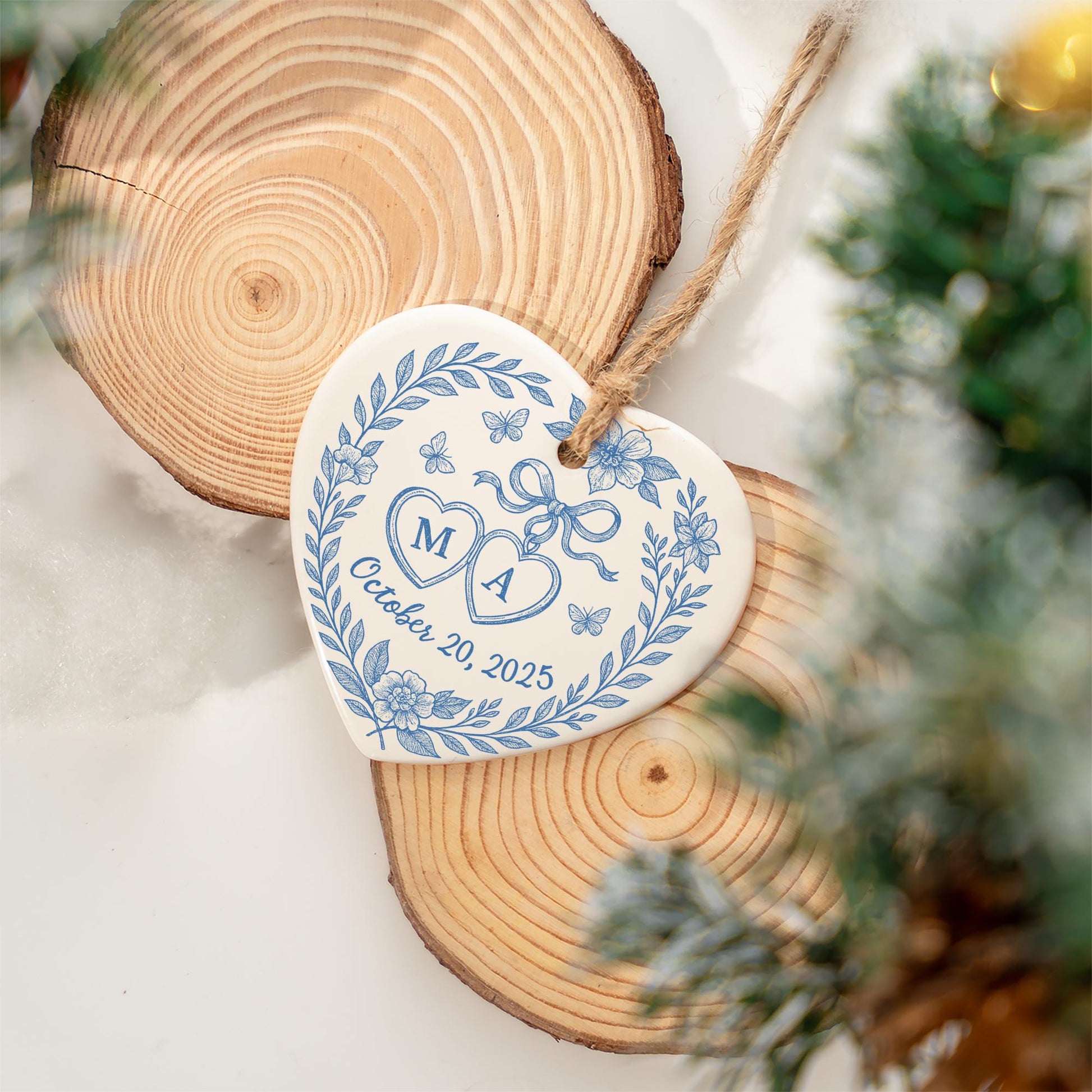Custom Chinoiserie Wedding Heart Ceramic Ornament - Personalized Blue and White Ceramic Keepsake, Couple Monogram Gift, Elegant Bridal Decor
