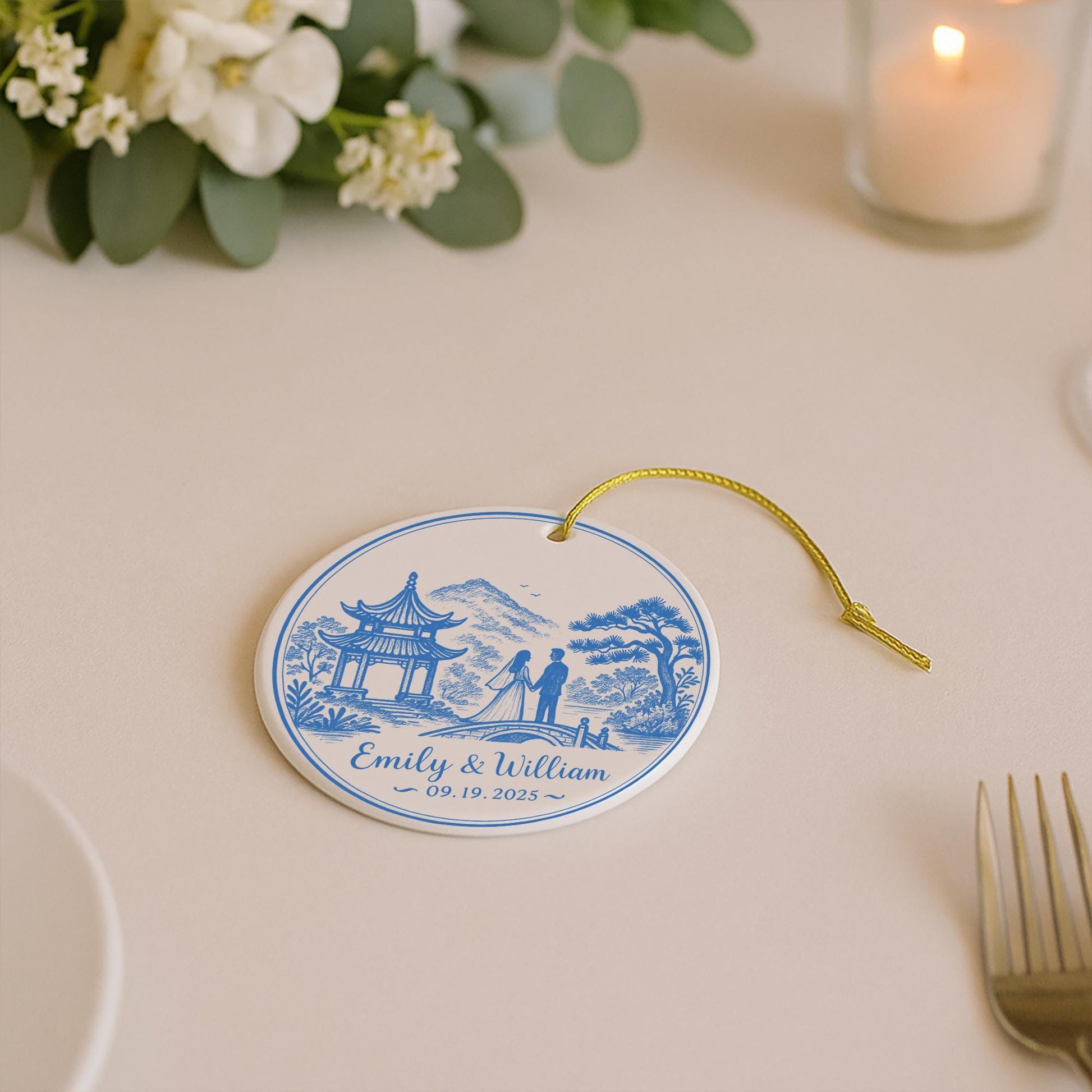 Custom Chinoiserie Wedding Ornament | Personalized Blue and White Bride & Groom Keepsake Gift | Elegant Wedding Decoration