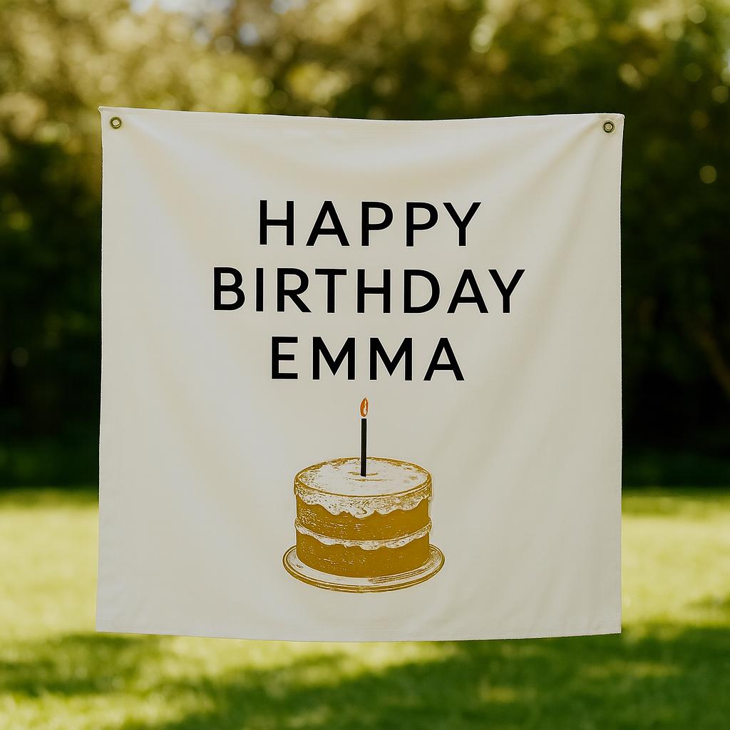 Custom Birthday Tapestry with Cake Illustration – Personalized Name Party Backdrop for Kids or Adults, Indoor/Outdoor Decor