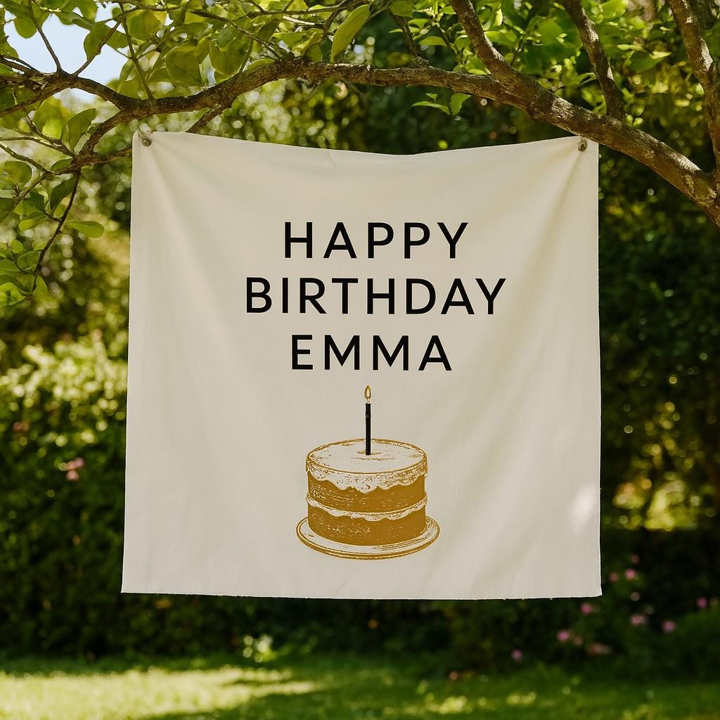 Custom Birthday Tapestry with Cake Illustration – Personalized Name Party Backdrop for Kids or Adults, Indoor/Outdoor Decor
