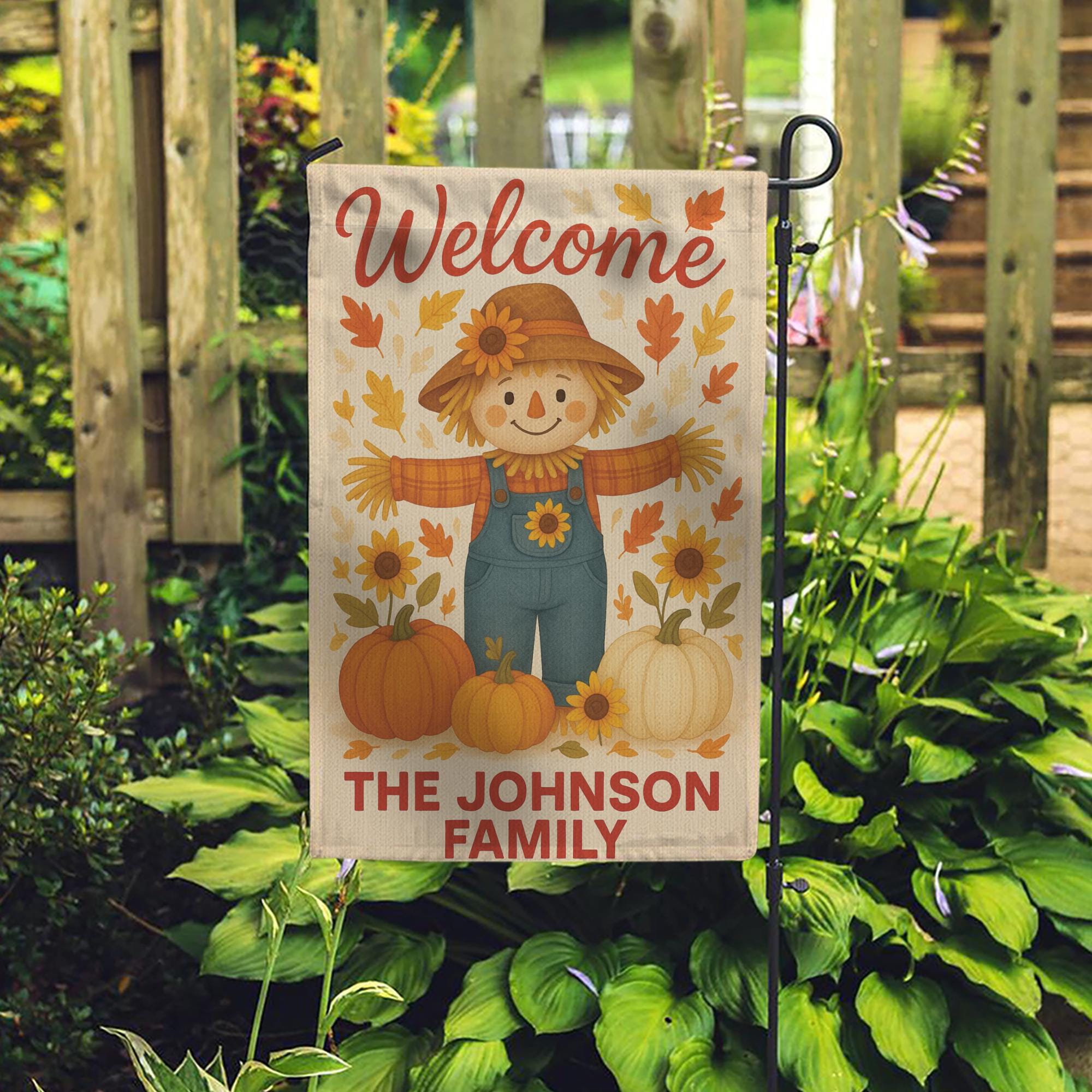 Personalized Scarecrow Garden Flag, Custom Fall Yard Sign, Pumpkin Autumn Decor, Welcome Family Name Flag, Thanksgiving Outdoor