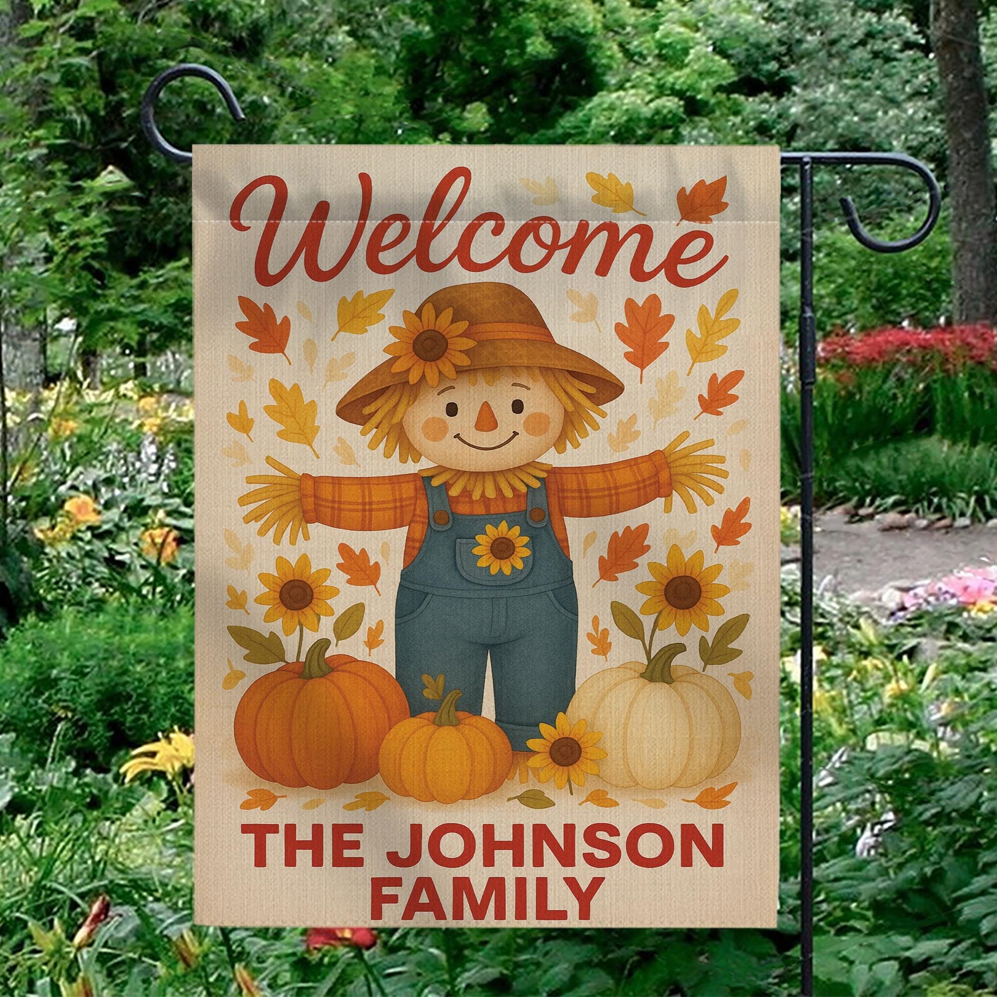 Personalized Scarecrow Garden Flag, Custom Fall Yard Sign, Pumpkin Autumn Decor, Welcome Family Name Flag, Thanksgiving Outdoor