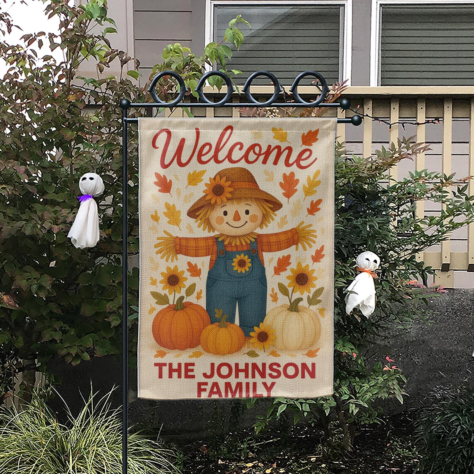 Personalized Scarecrow Garden Flag, Custom Fall Yard Sign, Pumpkin Autumn Decor, Welcome Family Name Flag, Thanksgiving Outdoor