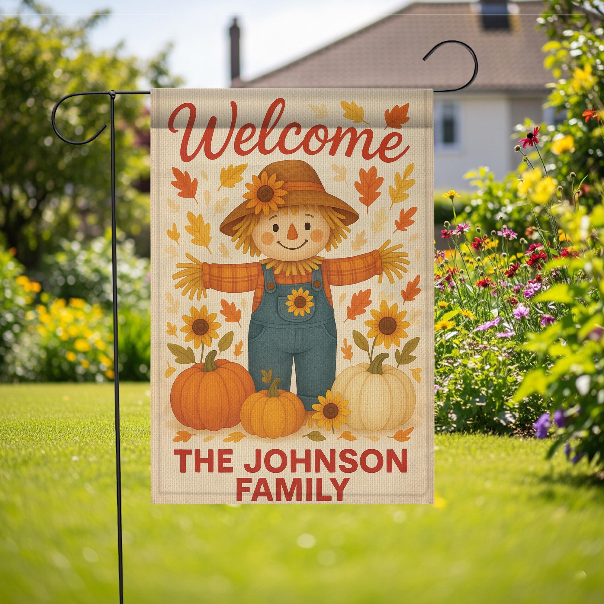 Personalized Scarecrow Garden Flag, Custom Fall Yard Sign, Pumpkin Autumn Decor, Welcome Family Name Flag, Thanksgiving Outdoor
