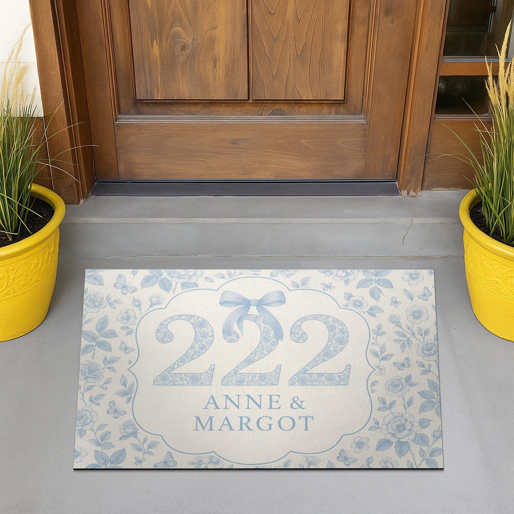 Custom Chinoiserie Dorm Doormat – Personalized Blue Floral Room Number Mat with Names for College or Apartment Entryway