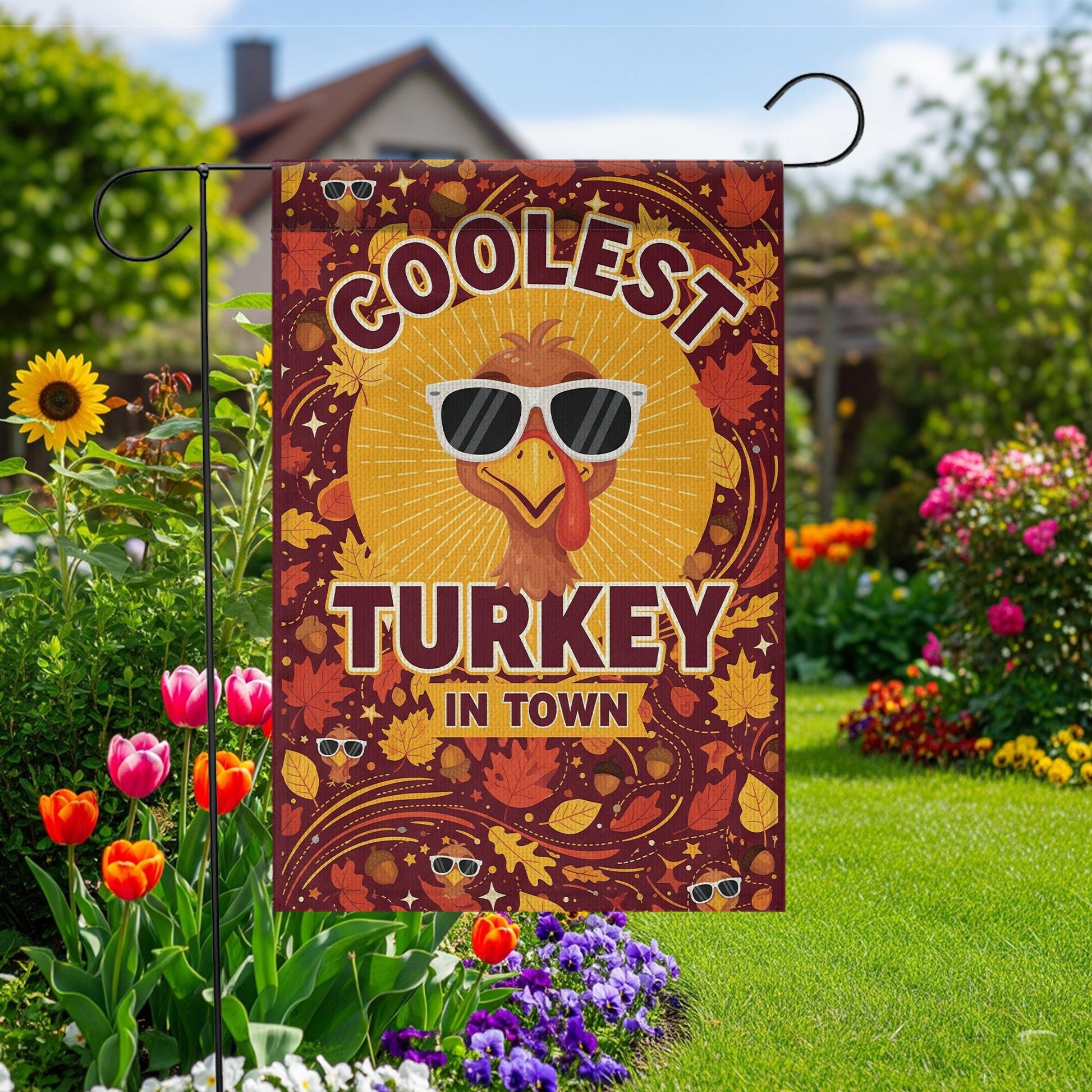 Coolest Turkey in Town Garden Flag – Funny Thanksgiving Yard Decor – Fall Outdoor Banner with Sunglasses Turkey & Autumn Leaves
