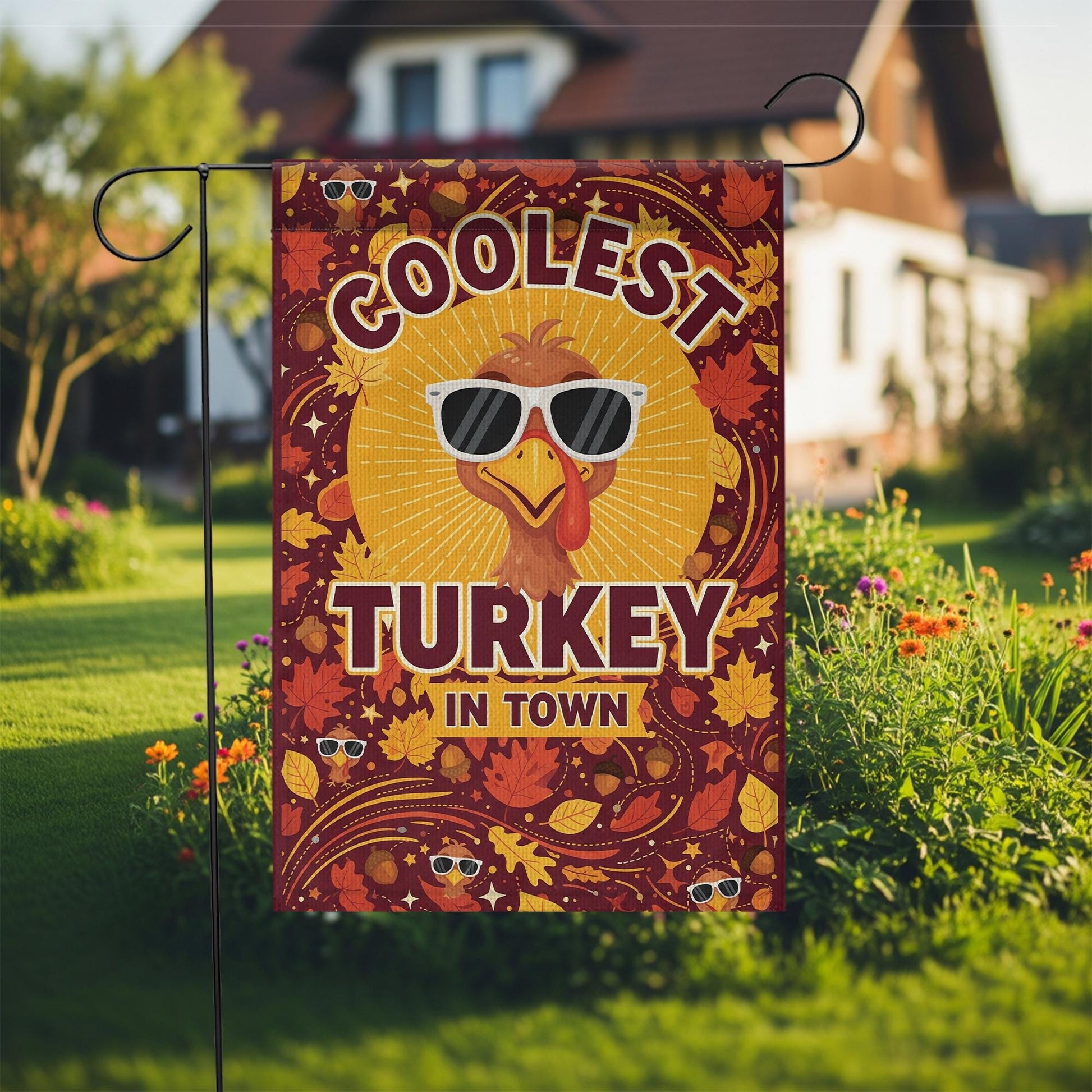 Coolest Turkey in Town Garden Flag – Funny Thanksgiving Yard Decor – Fall Outdoor Banner with Sunglasses Turkey & Autumn Leaves