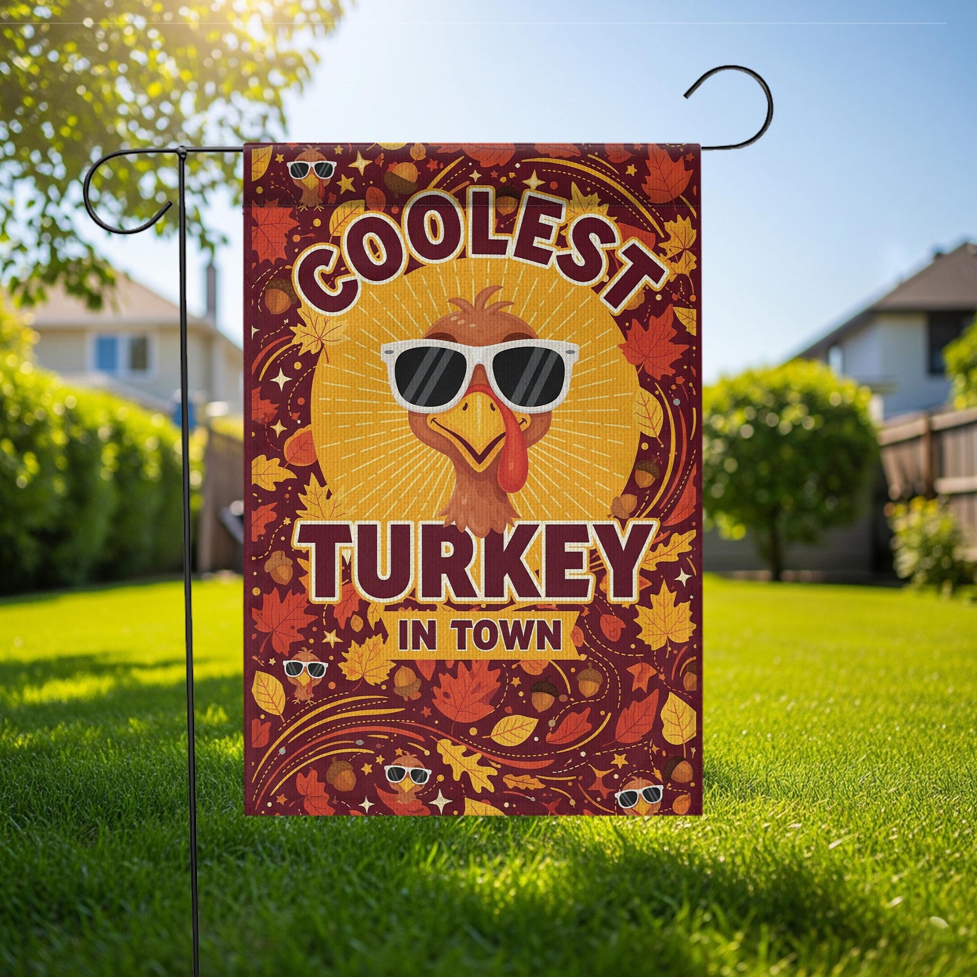 Coolest Turkey in Town Garden Flag – Funny Thanksgiving Yard Decor – Fall Outdoor Banner with Sunglasses Turkey & Autumn Leaves