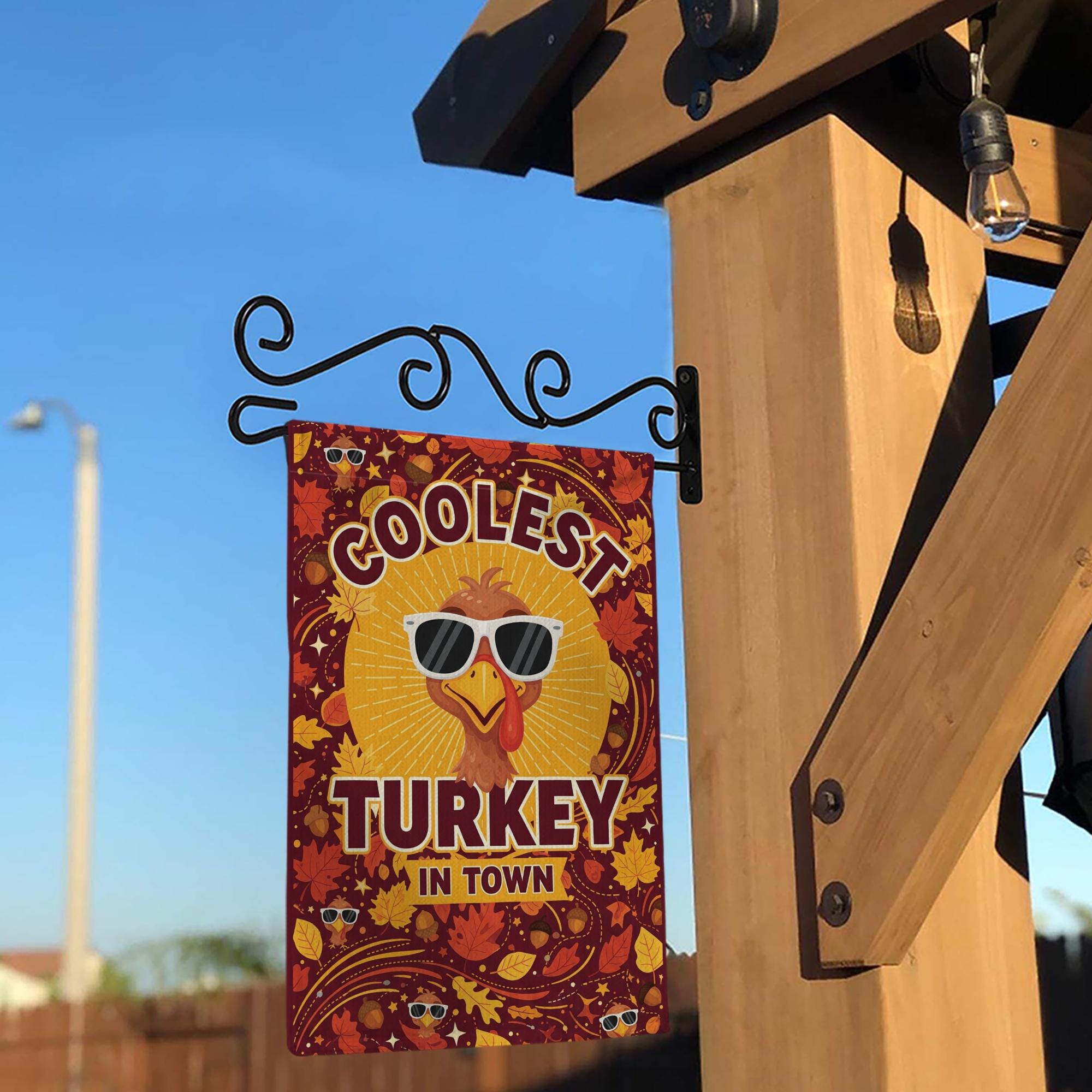 Coolest Turkey in Town Garden Flag – Funny Thanksgiving Yard Decor – Fall Outdoor Banner with Sunglasses Turkey & Autumn Leaves