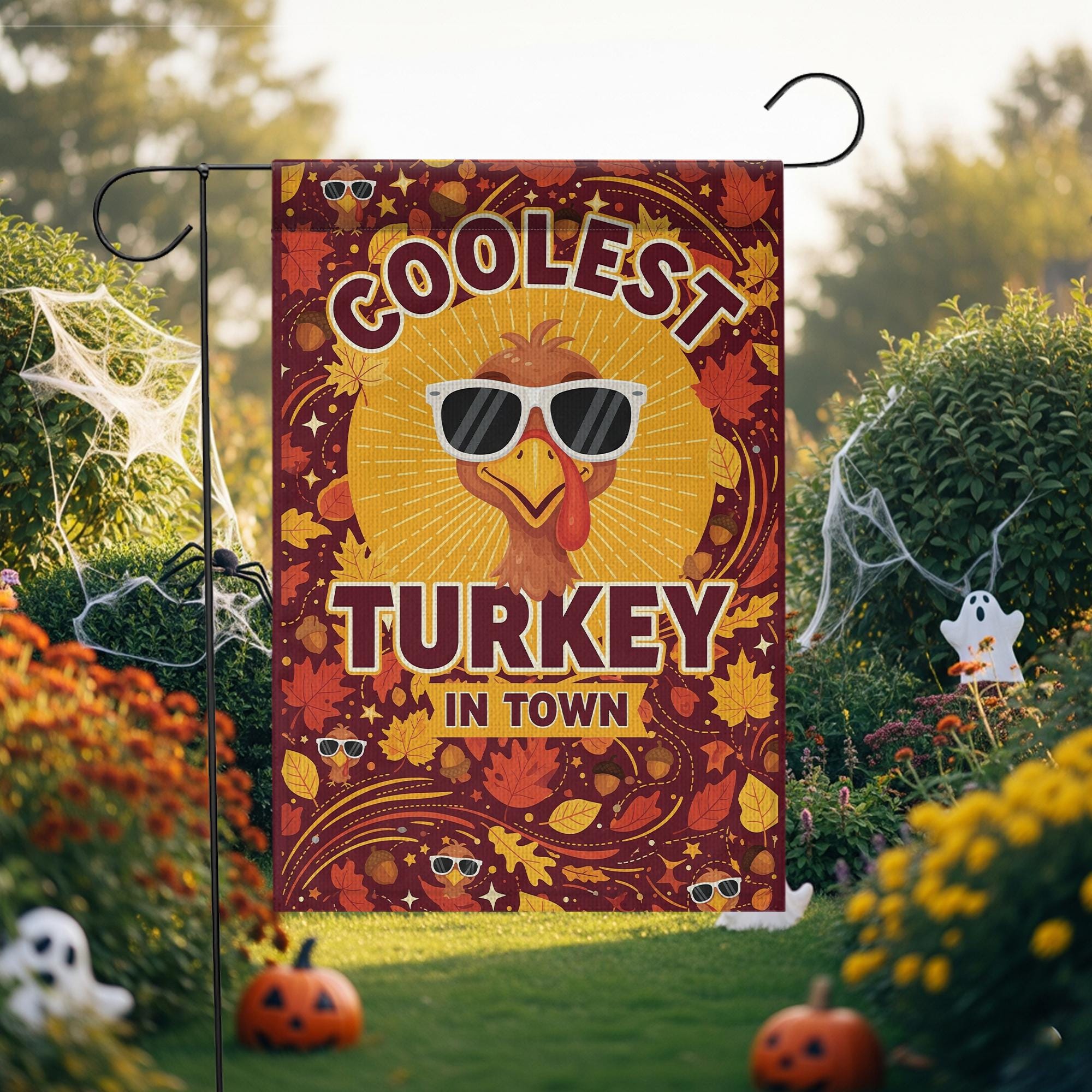 Coolest Turkey in Town Garden Flag – Funny Thanksgiving Yard Decor – Fall Outdoor Banner with Sunglasses Turkey & Autumn Leaves