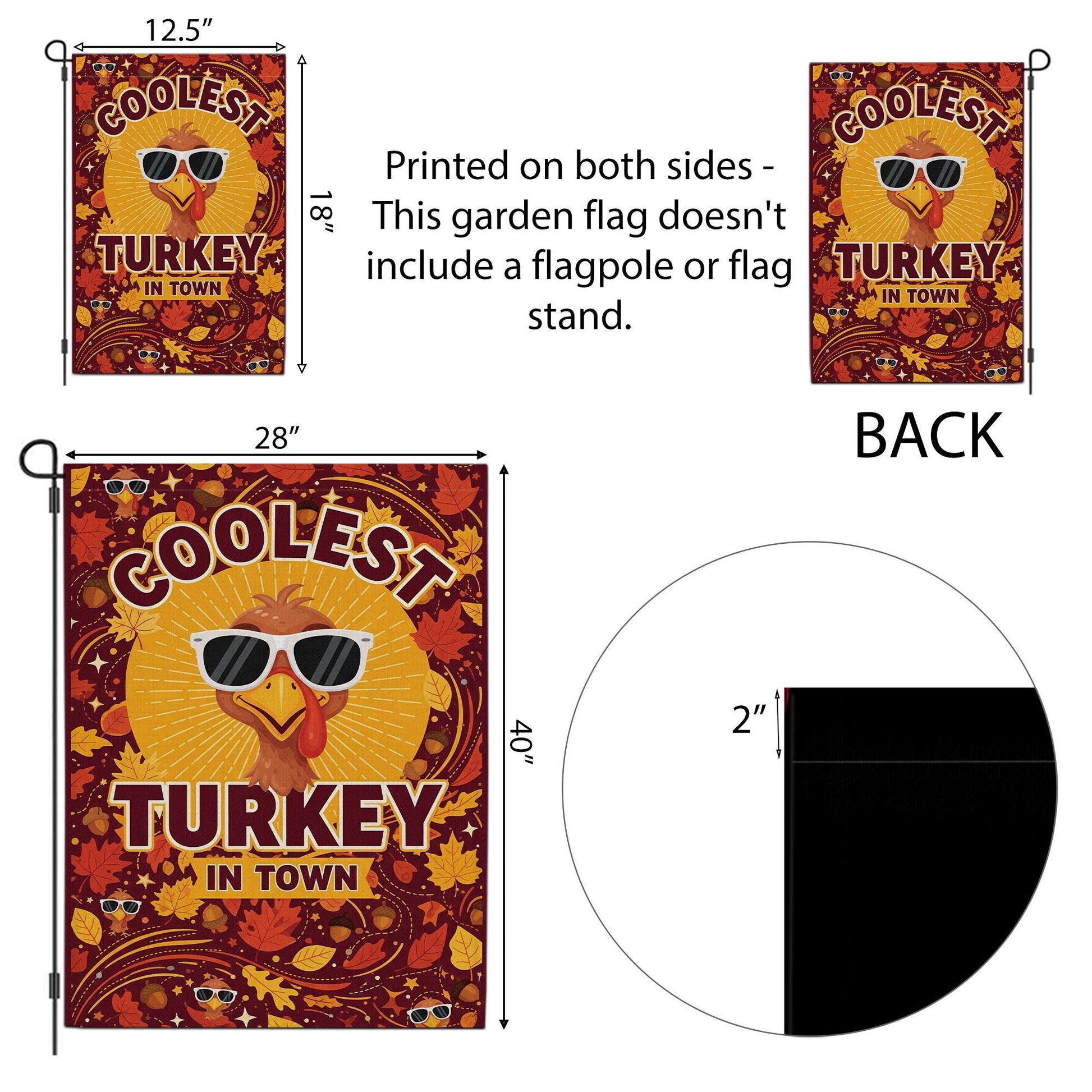 Coolest Turkey in Town Garden Flag – Funny Thanksgiving Yard Decor – Fall Outdoor Banner with Sunglasses Turkey & Autumn Leaves