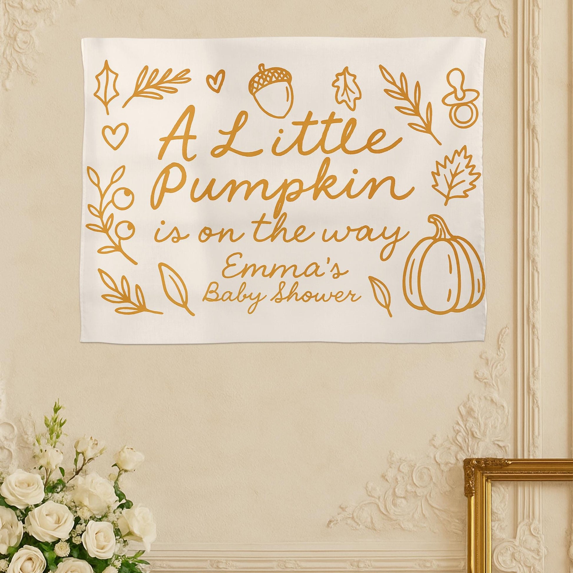 A Little Pumpkin Is on the Way Tapestry – Custom Fall Baby Shower Sign with Name for Autumn or Thanksgiving Celebration