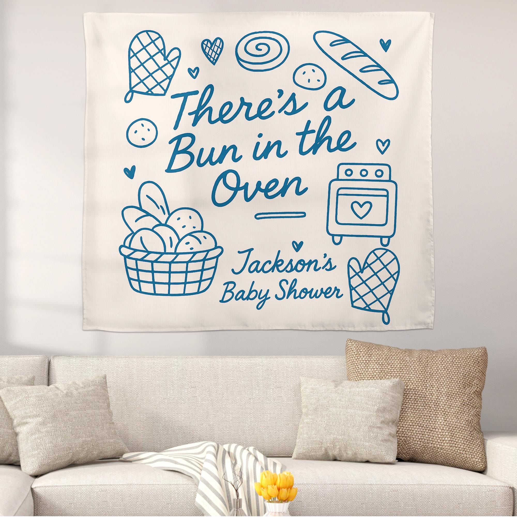 There’s a Bun in the Oven Tapestry – Custom Baby Shower Banner with Name for Baking Theme or Gender Neutral Party Decor