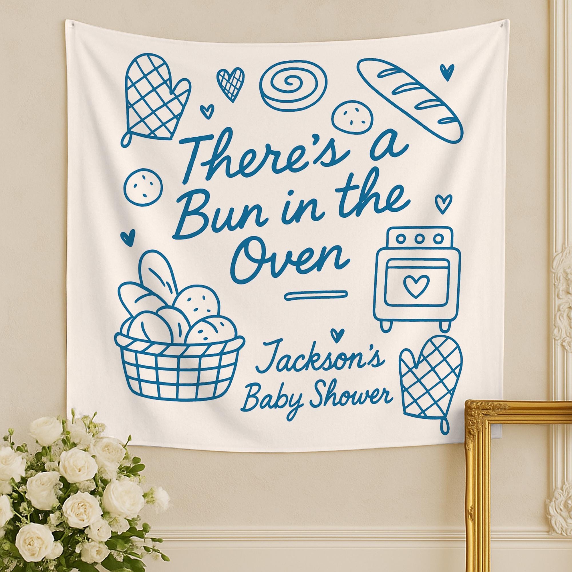 There’s a Bun in the Oven Tapestry – Custom Baby Shower Banner with Name for Baking Theme or Gender Neutral Party Decor