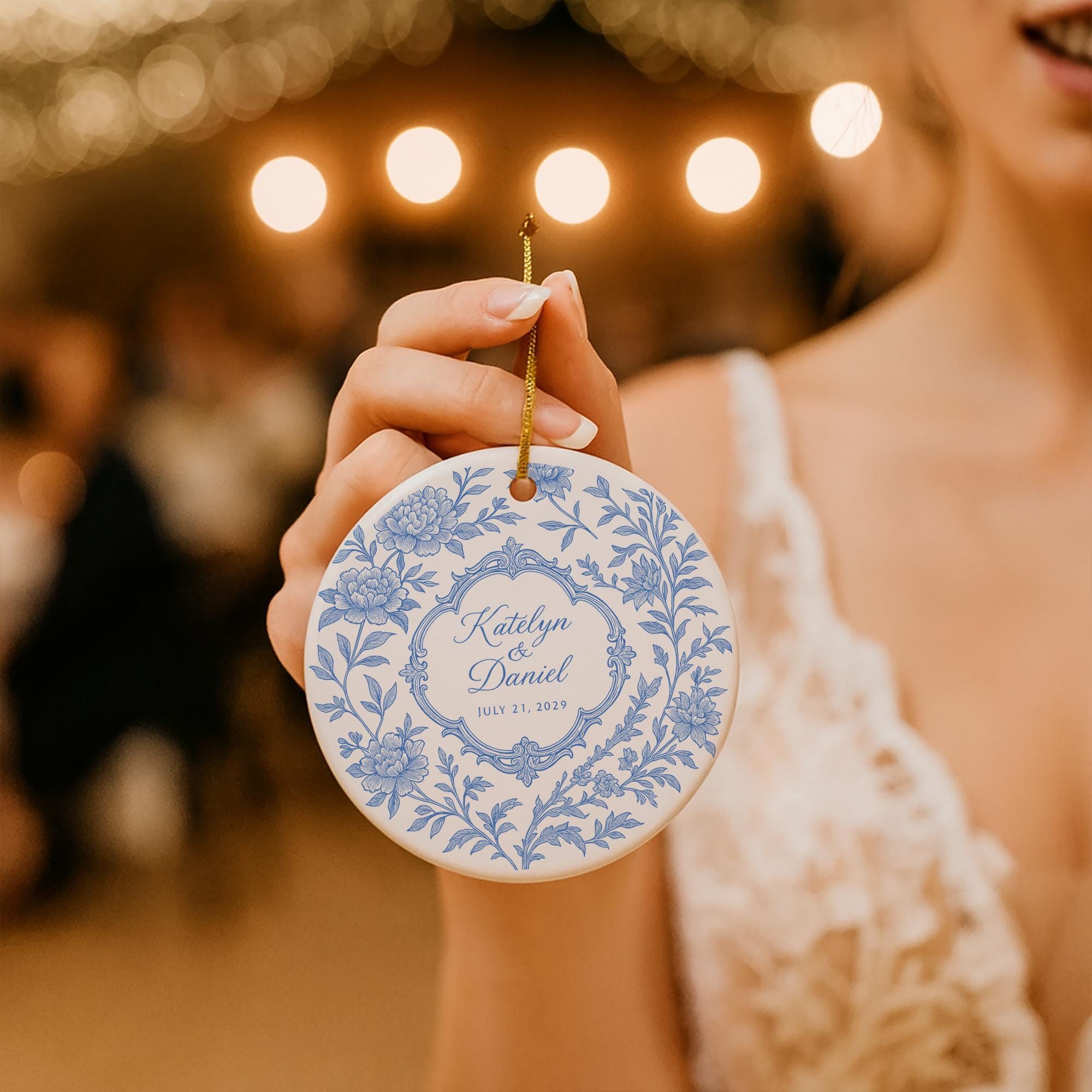Custom Chinoiserie Wedding Ceramic Ornament | Personalized Blue and White Keepsake | Bride and Groom Gift | Elegant Wedding Decoration