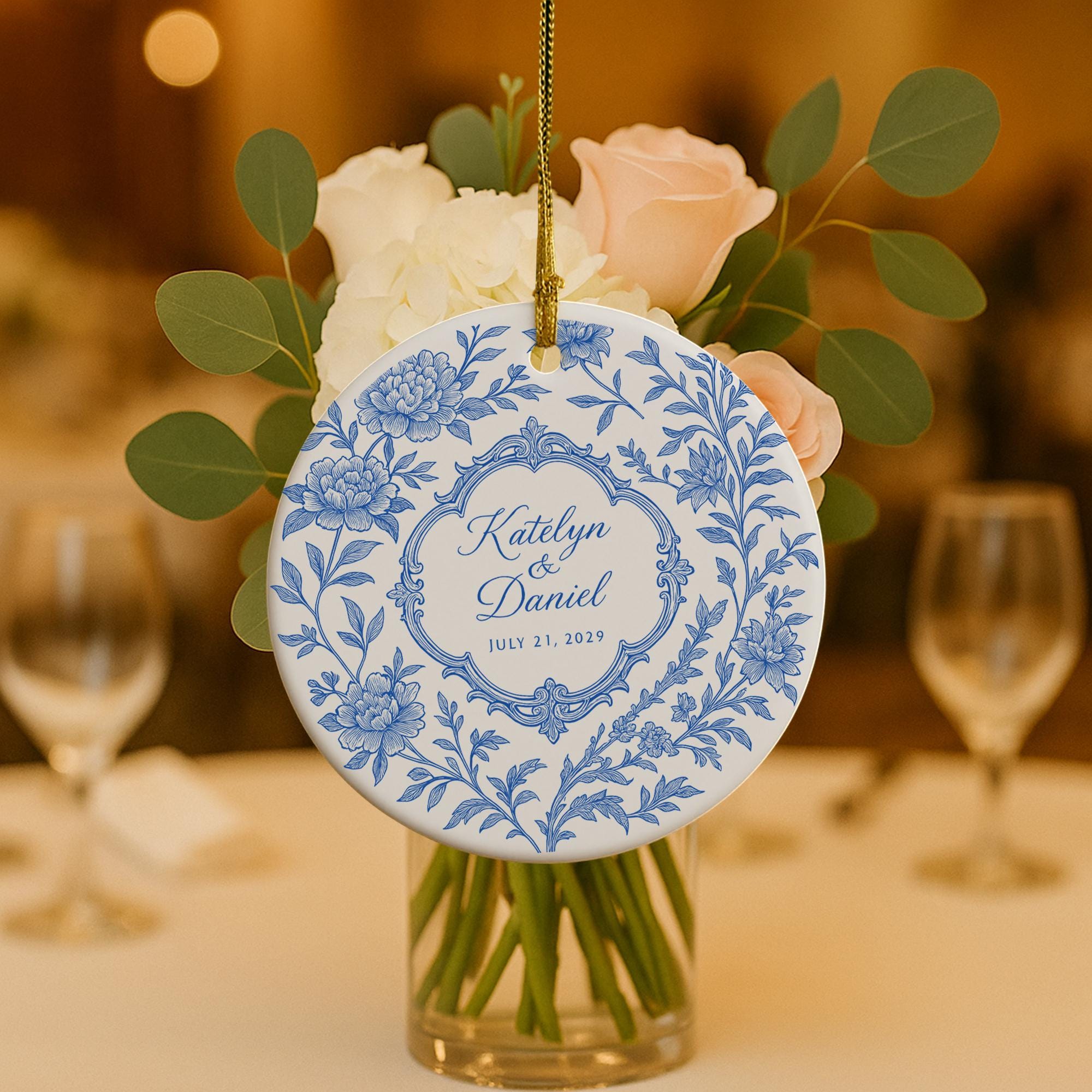 Custom Chinoiserie Wedding Ceramic Ornament | Personalized Blue and White Keepsake | Bride and Groom Gift | Elegant Wedding Decoration