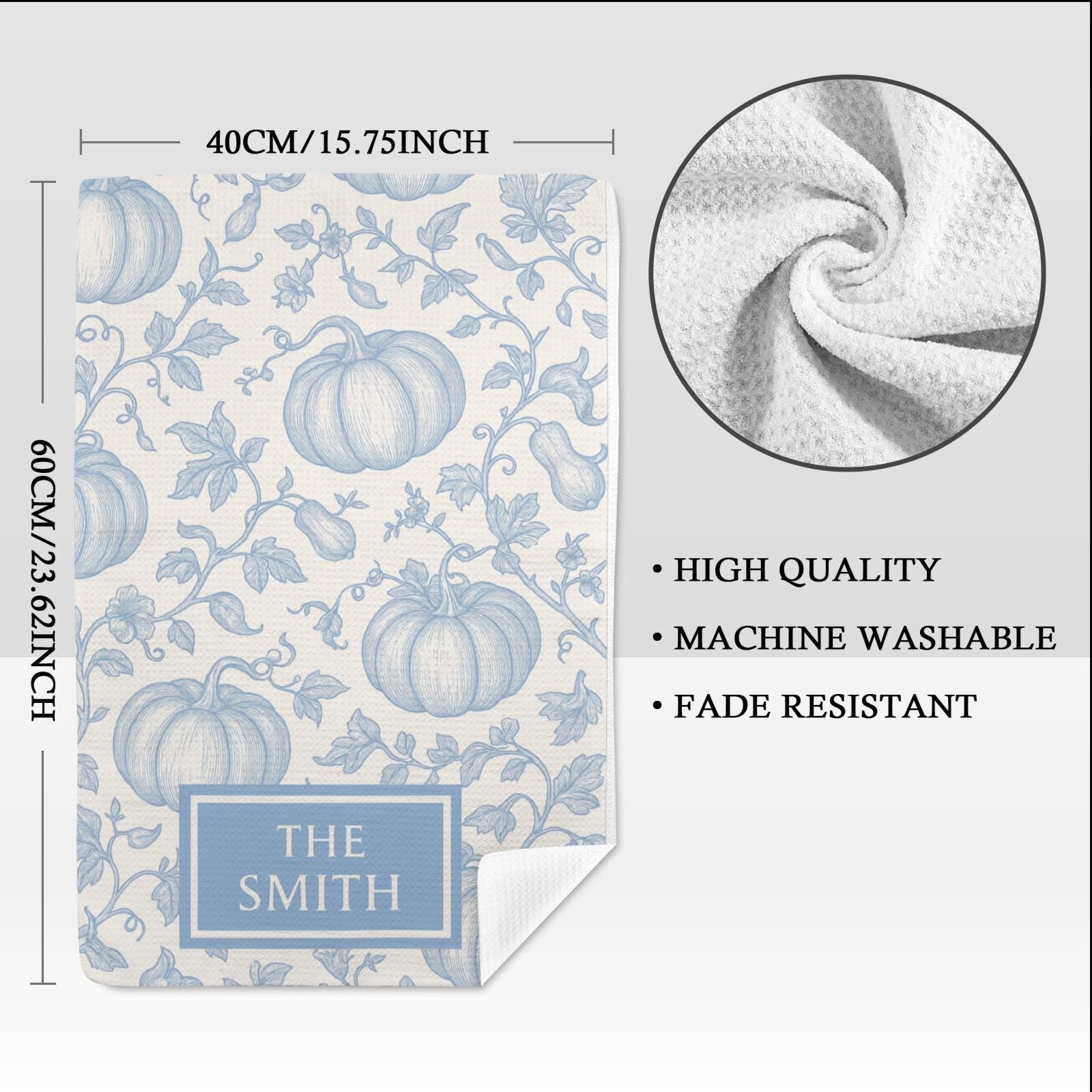 Custom Chinoiserie Kitchen Towel | Personalized Blue Pumpkin Tea Towel | Elegant Fall Kitchen Decor | Monogrammed Family Gift