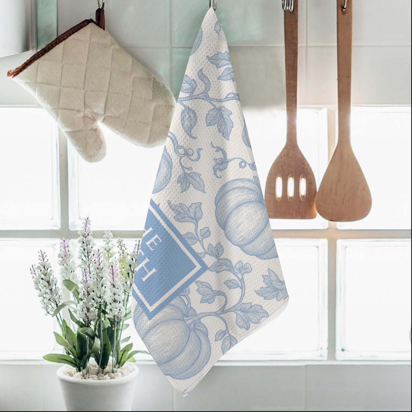 Custom Chinoiserie Kitchen Towel | Personalized Blue Pumpkin Tea Towel | Elegant Fall Kitchen Decor | Monogrammed Family Gift
