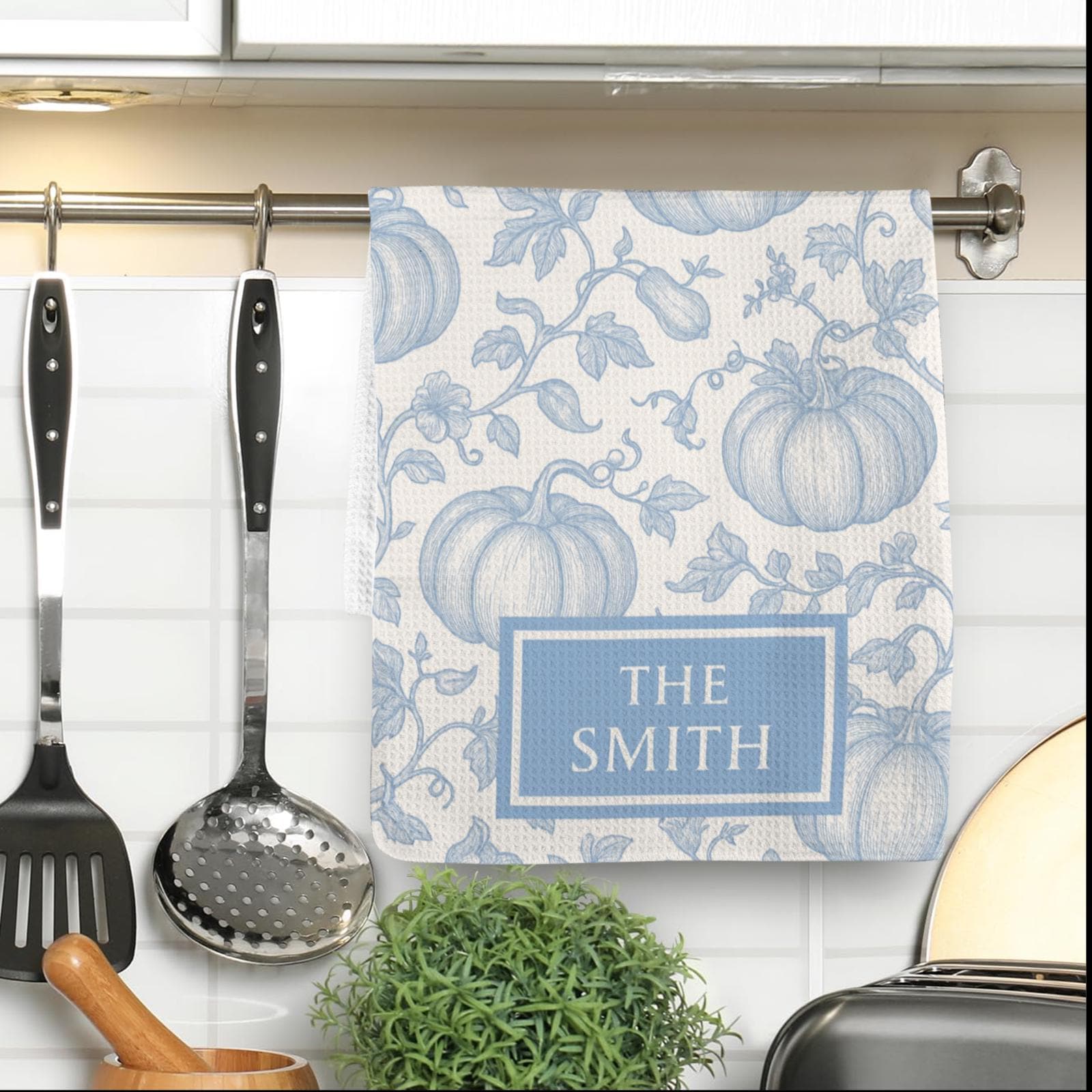Custom Chinoiserie Kitchen Towel | Personalized Blue Pumpkin Tea Towel | Elegant Fall Kitchen Decor | Monogrammed Family Gift