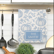 Custom Chinoiserie Kitchen Towel | Personalized Blue Pumpkin Tea Towel | Elegant Fall Kitchen Decor | Monogrammed Family Gift