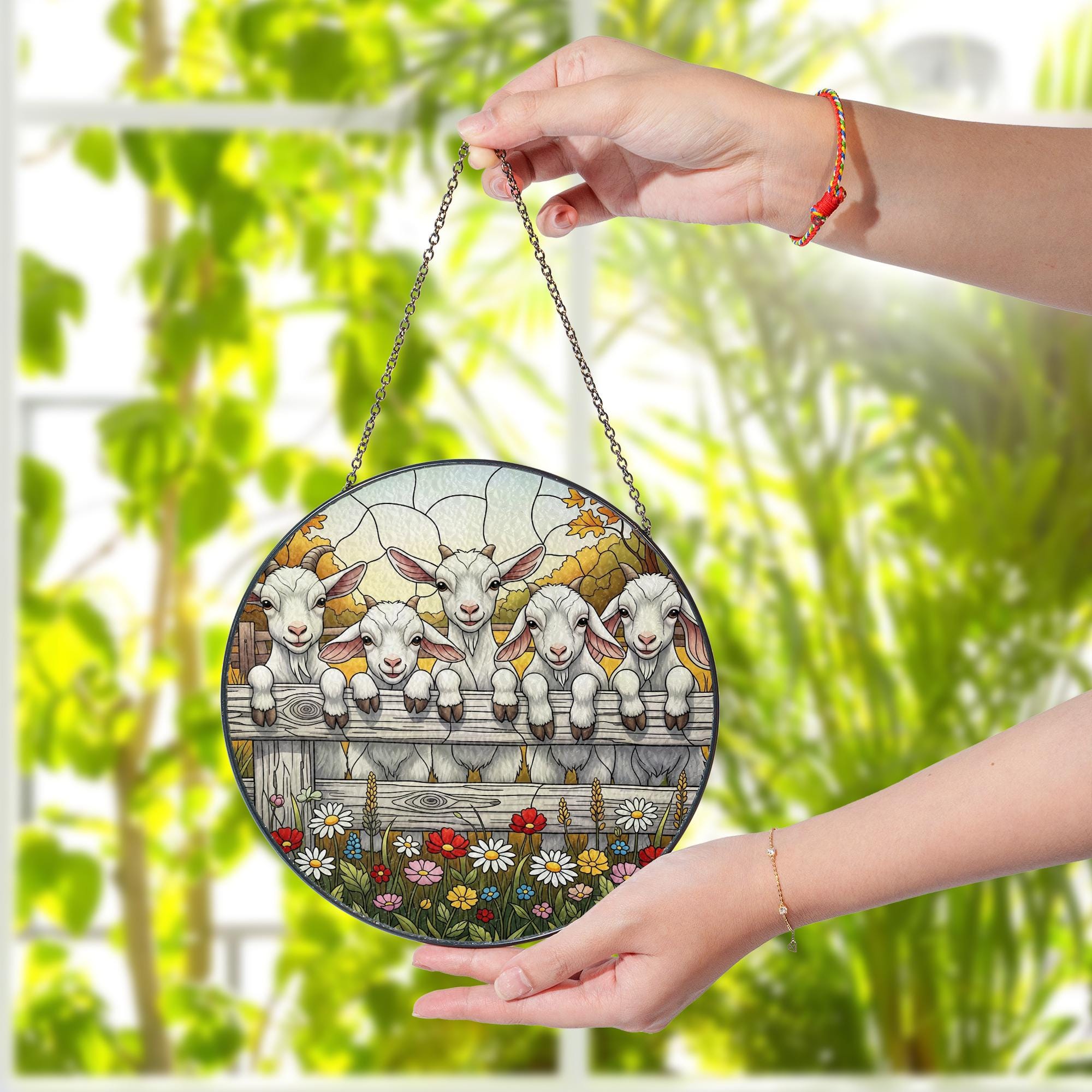 Farmhouse Goat Faux Stained Glass Suncatcher | Baby Goats Window Hanging | Rustic Country Farm Animal Decor with Flowers