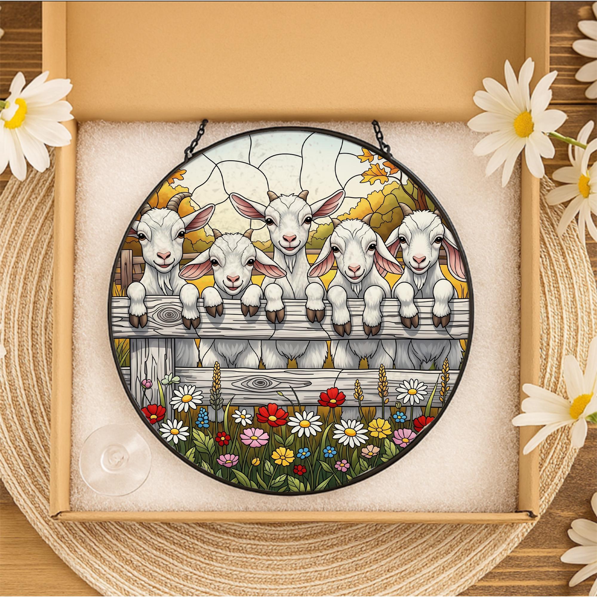 Farmhouse Goat Faux Stained Glass Suncatcher | Baby Goats Window Hanging | Rustic Country Farm Animal Decor with Flowers