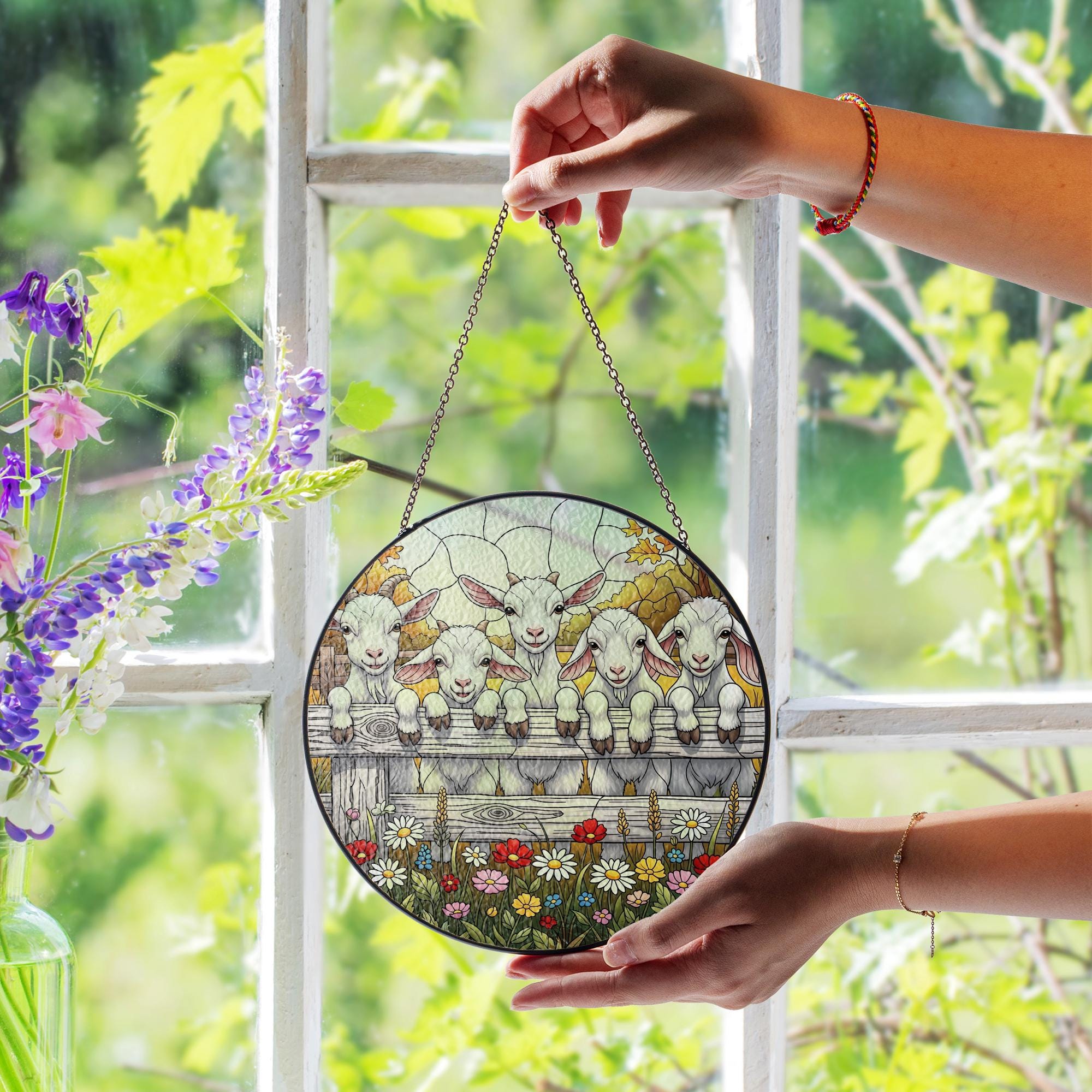 Farmhouse Goat Faux Stained Glass Suncatcher | Baby Goats Window Hanging | Rustic Country Farm Animal Decor with Flowers