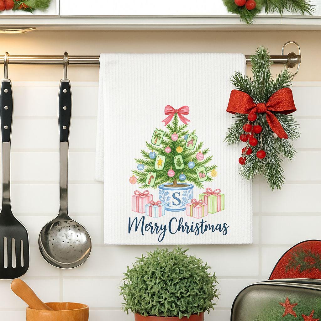 Custom Chinoiserie Mahjong Christmas Kitchen Towel | Personalized Blue and White Holiday Tea Towel | Festive Gift for Mahjong Lovers