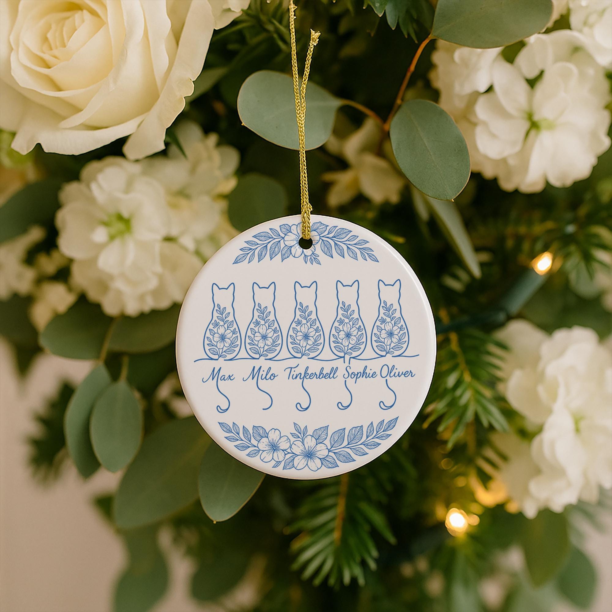 Custom Chinoiserie Cat Ornament: Blue & White Ceramic Christmas Keepsake
