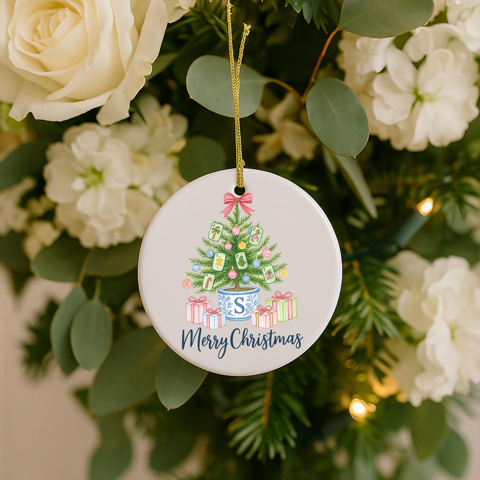 Custom Chinoiserie Mahjong Ornament | Personalized Blue and White Ceramic Christmas Tree Decoration | Mahjong Lover Holiday Gift