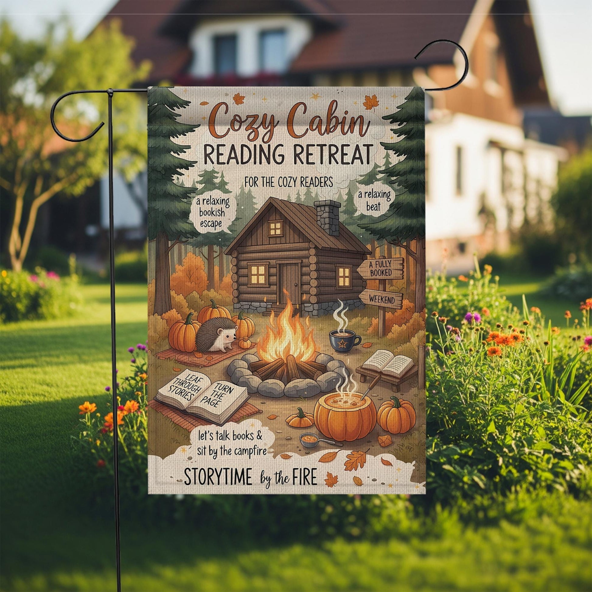Cozy Cabin Reading Retreat Garden Flag: Autumn Books & Campfire