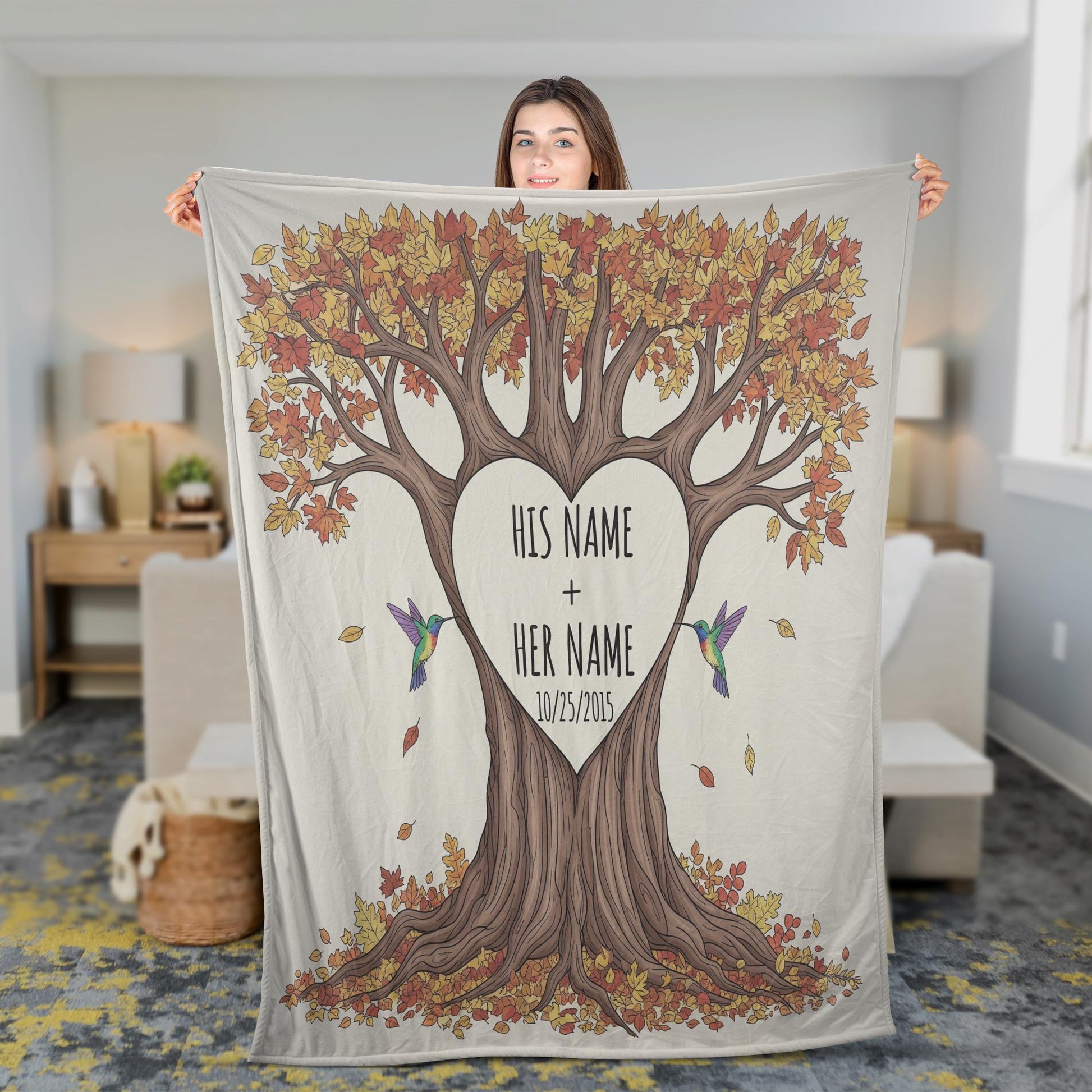 Personalized Couple Blanket with Tree & Names | Custom Wedding Gift, Anniversary Throw, Romantic Fall Decor, Love Story Keepsake
