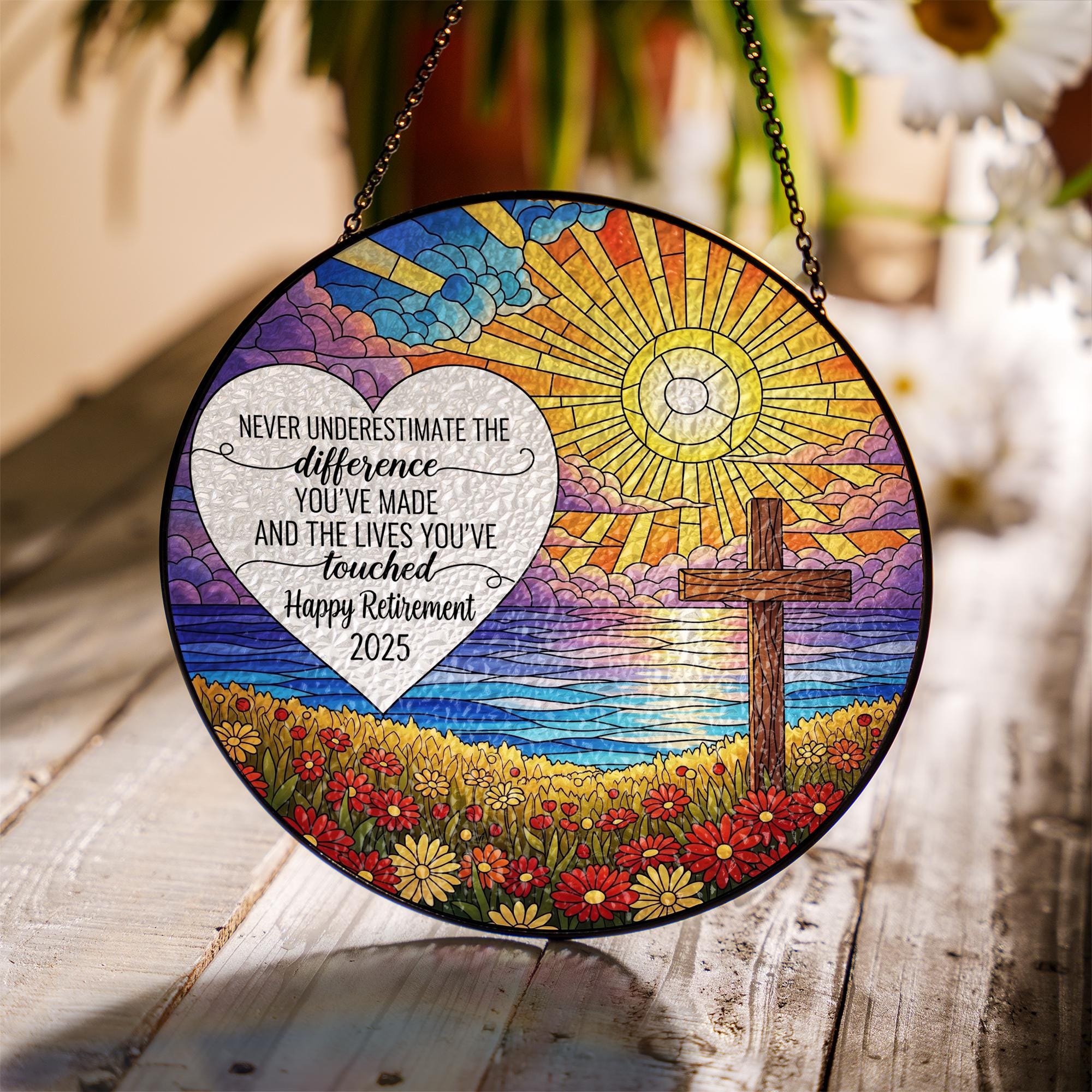 Custom Faux Glass Retirement Suncatcher – Heartfelt Inspirational Cross Decor, Window Hanging Keepsake, Personalized Retirement Gift