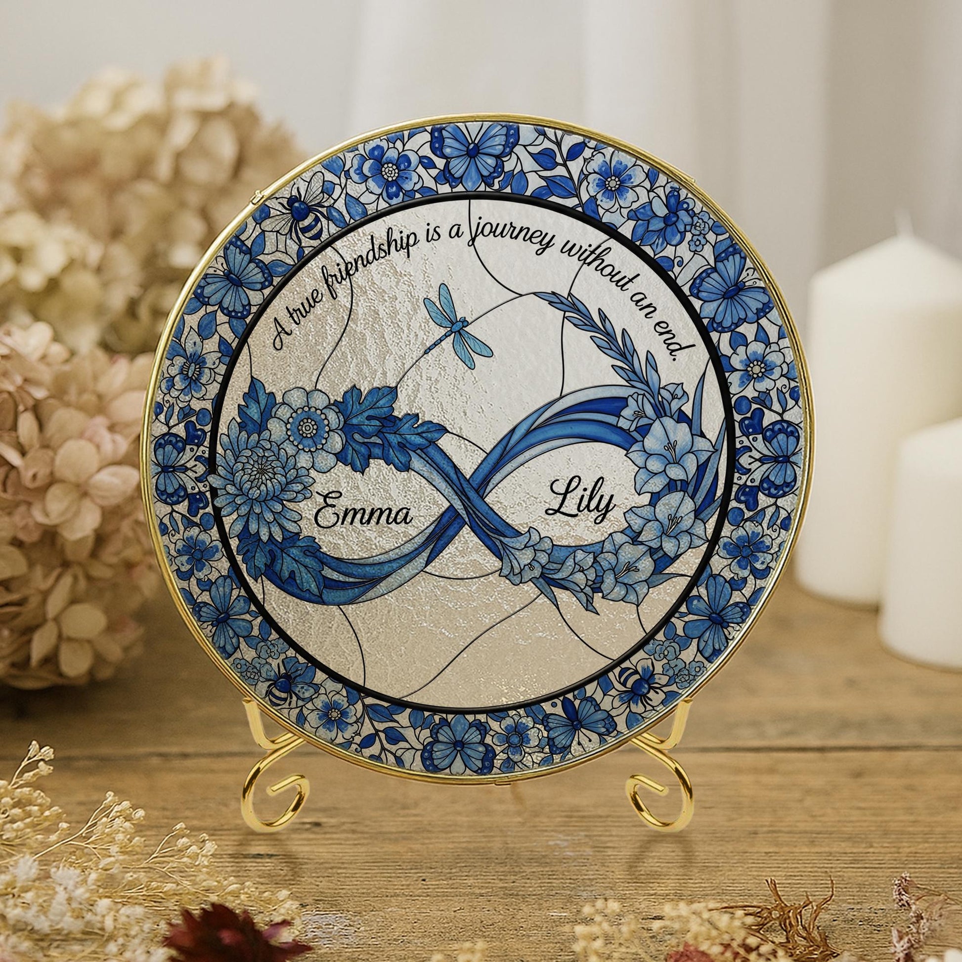 Custom Best Friend Glass Suncatcher – Personalized Infinity Floral Glass Gift – Friendship Quote Window Hanging