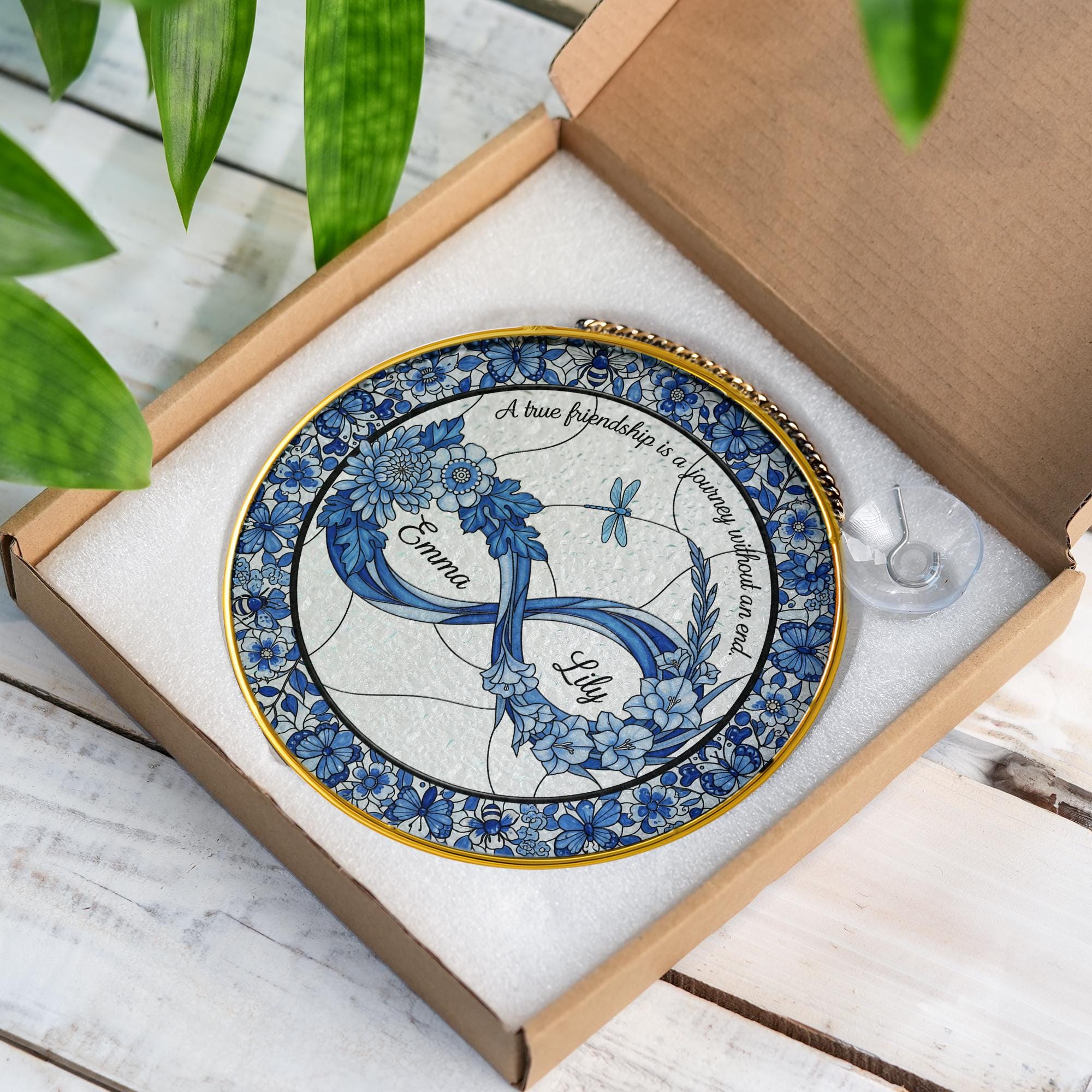 Custom Best Friend Glass Suncatcher – Personalized Infinity Floral Glass Gift – Friendship Quote Window Hanging