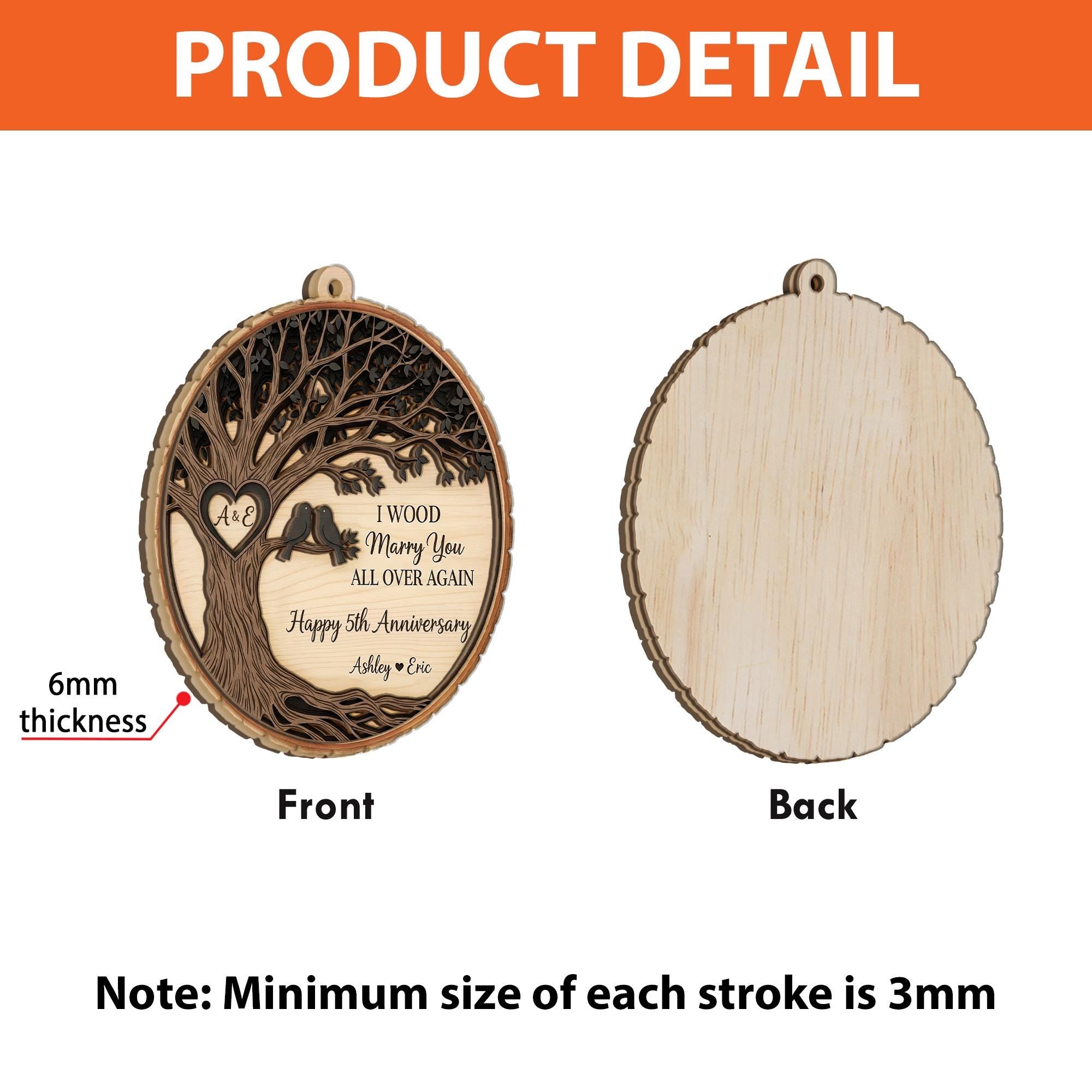 Custom Anniversary Ornament | Personalized Wooden Gift for Couples | 5th Anniversary Keepsake | Wedding Tree Ornament