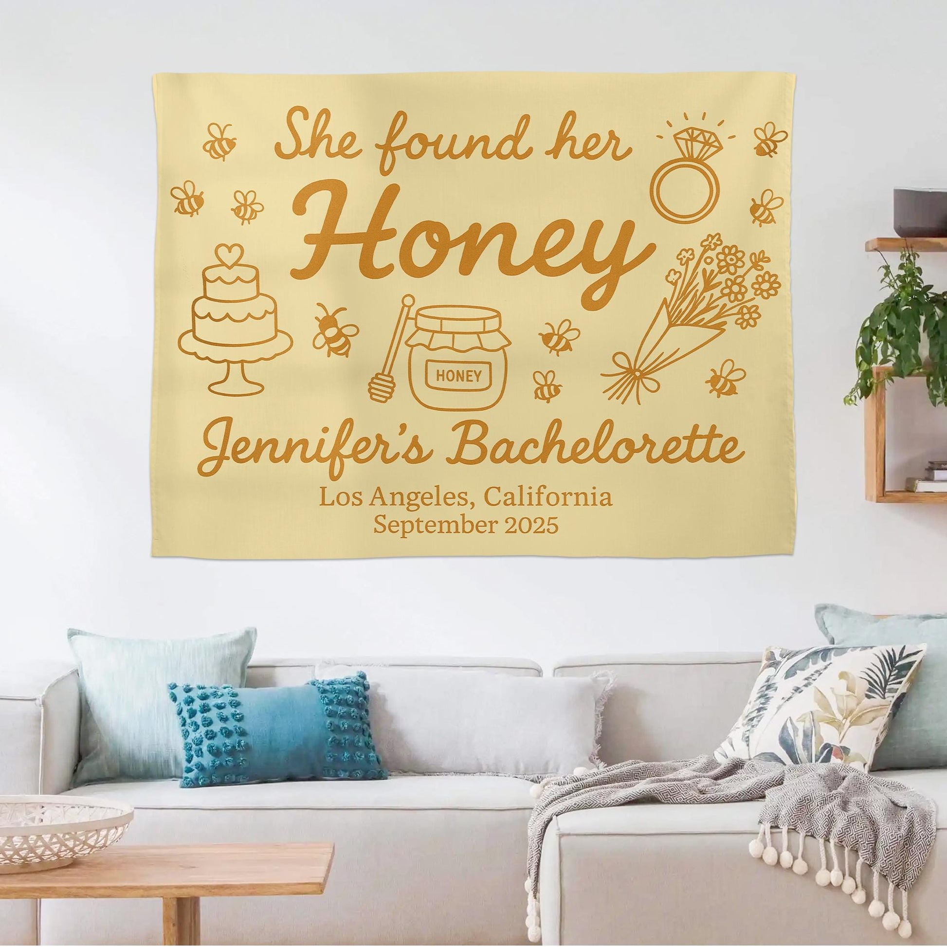 Custom Bachelorette Party Tapestry - She Found Her Honey Banner, Personalized Bridal Shower Decoration, Wedding Party Backdrop