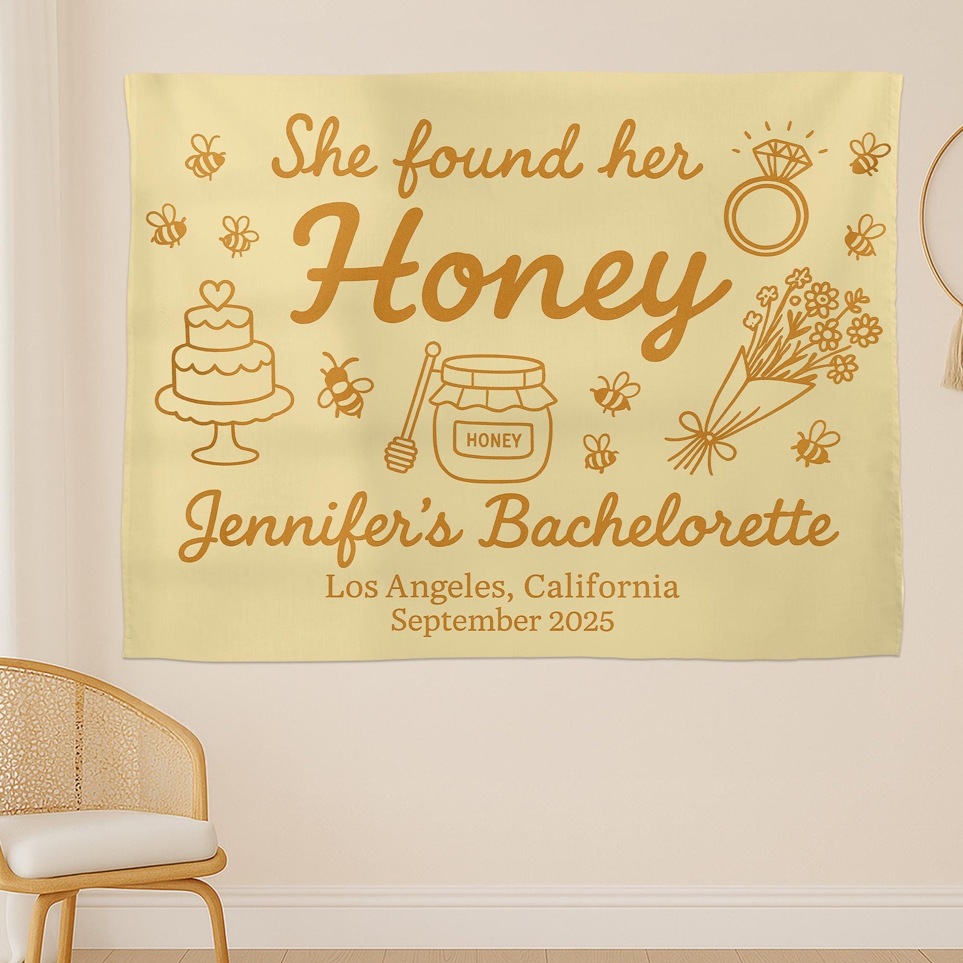 Custom Bachelorette Party Tapestry - She Found Her Honey Banner, Personalized Bridal Shower Decoration, Wedding Party Backdrop