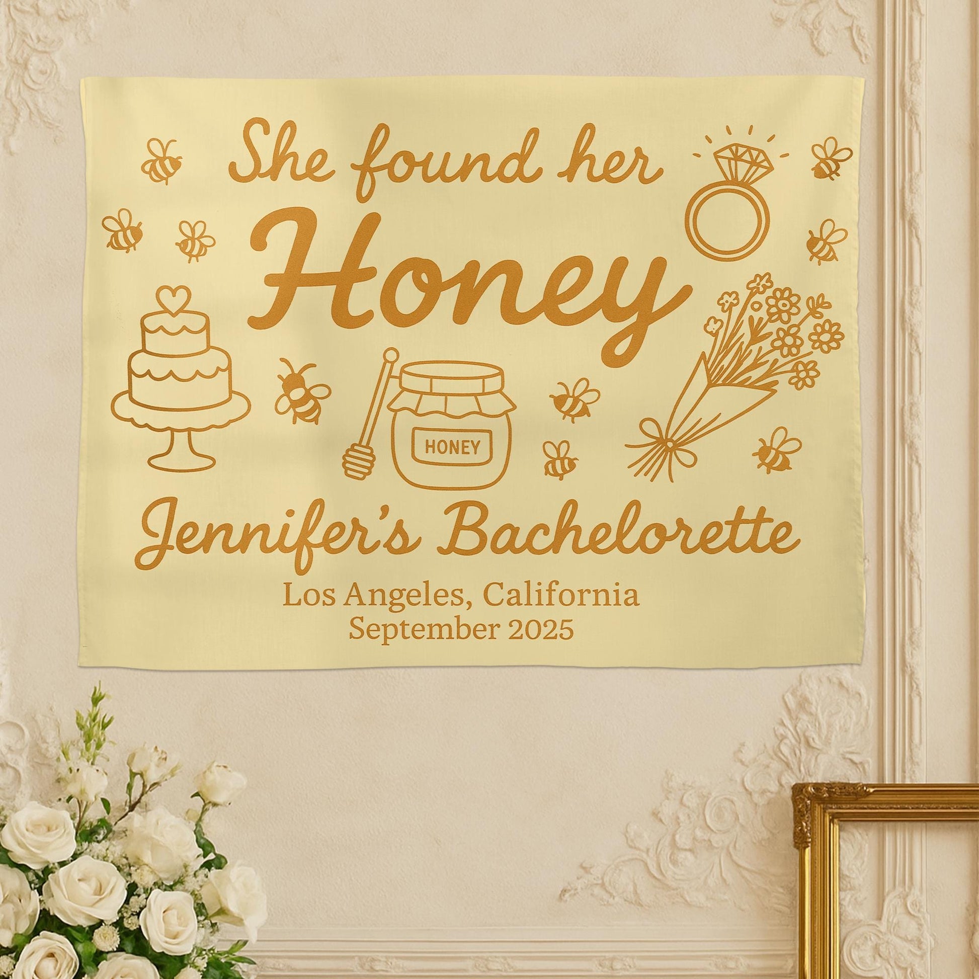 Custom Bachelorette Party Tapestry - She Found Her Honey Banner, Personalized Bridal Shower Decoration, Wedding Party Backdrop